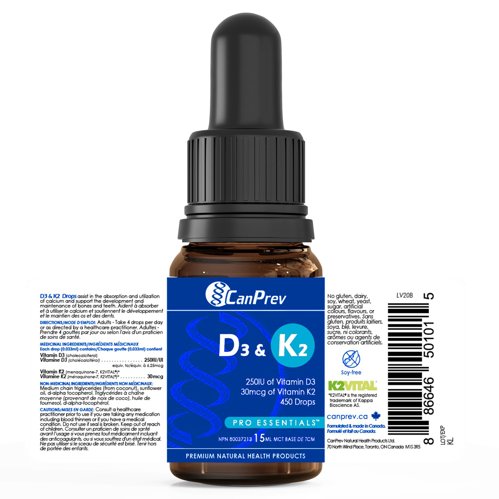 CanPrev D3 & K2 Drops - MCT Base 15ml, 450-Drops 112-Servings - Liquid Vitamin D3 with K2 for Enhanced Absorption- Supports The Development and Maintenance Of Bones and Teeth - Gluten-Free