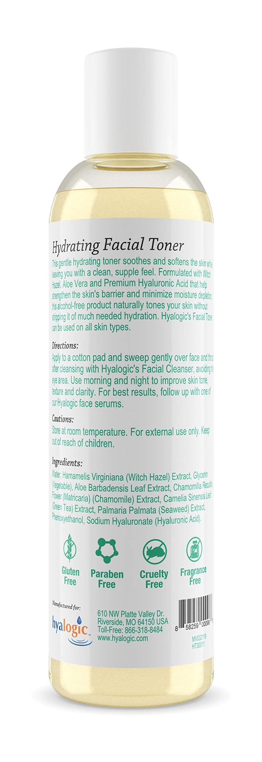 Hyalogic - Tonique facial avec acide hyaluronique Hyalogic, hamamélis et tonique à l'aloe vera 237 ml - Tonique doux et hydratant, astringent naturel pour le visage - Sans parabène, gluten et parfum