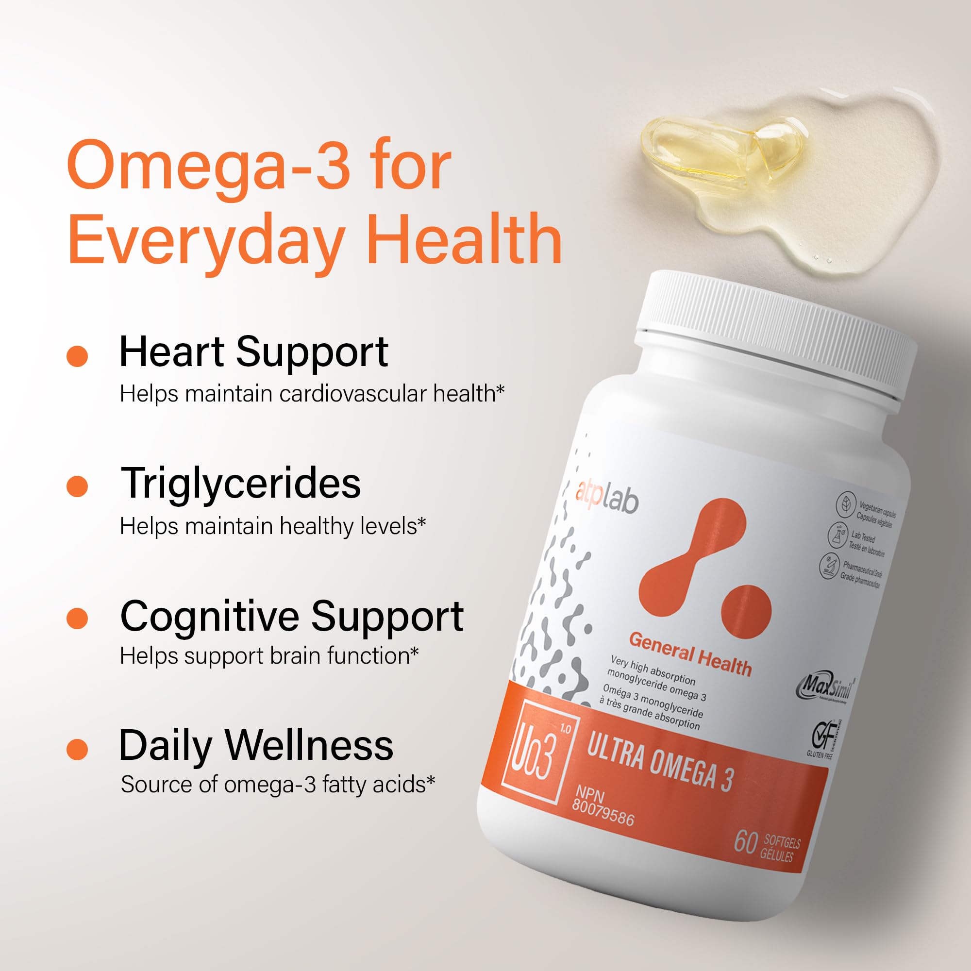 ATP LAB - Ultra Omega 3 60 Softgels 60-Day Supply - High Absorption Monoglyceride Omega-3 Fatty Acid Supplements - MaxSimil Fish Oil Omega 3 Supplements to Lower Cholesterol - Cardiovascular Health