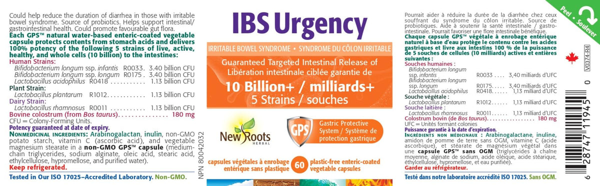 New Roots Herbal IBS Urgency Adult Probiotic, 60 Capsules, 30-Day Supply