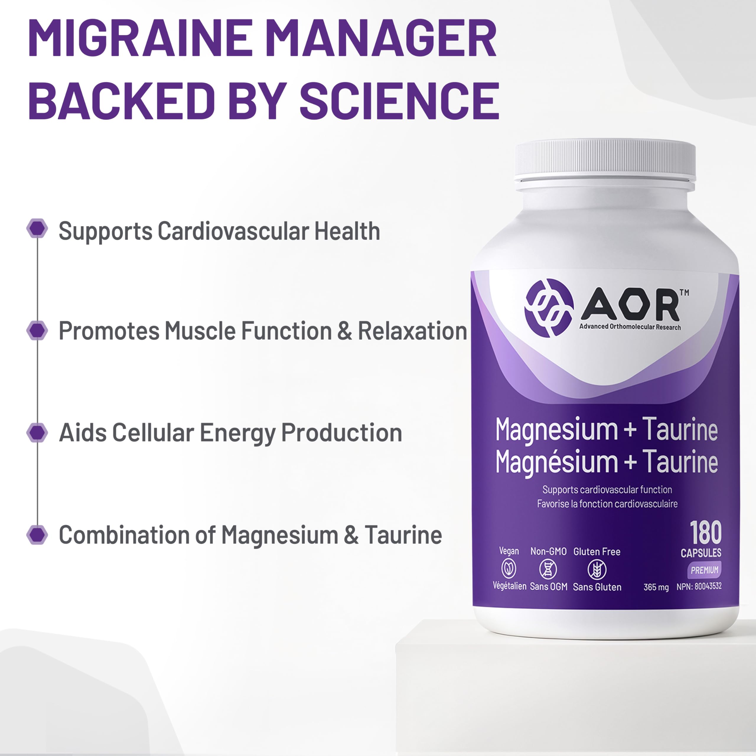 Gélules de magnésium + taurine AOR, 180 unités, pour 36 jours – Soutient la santé cardiaque, favorise des niveaux de calcium équilibrés et contribue à la solidité des os, des dents et à la fonction musculaire – Végétalien, sans OGM et sans gluten