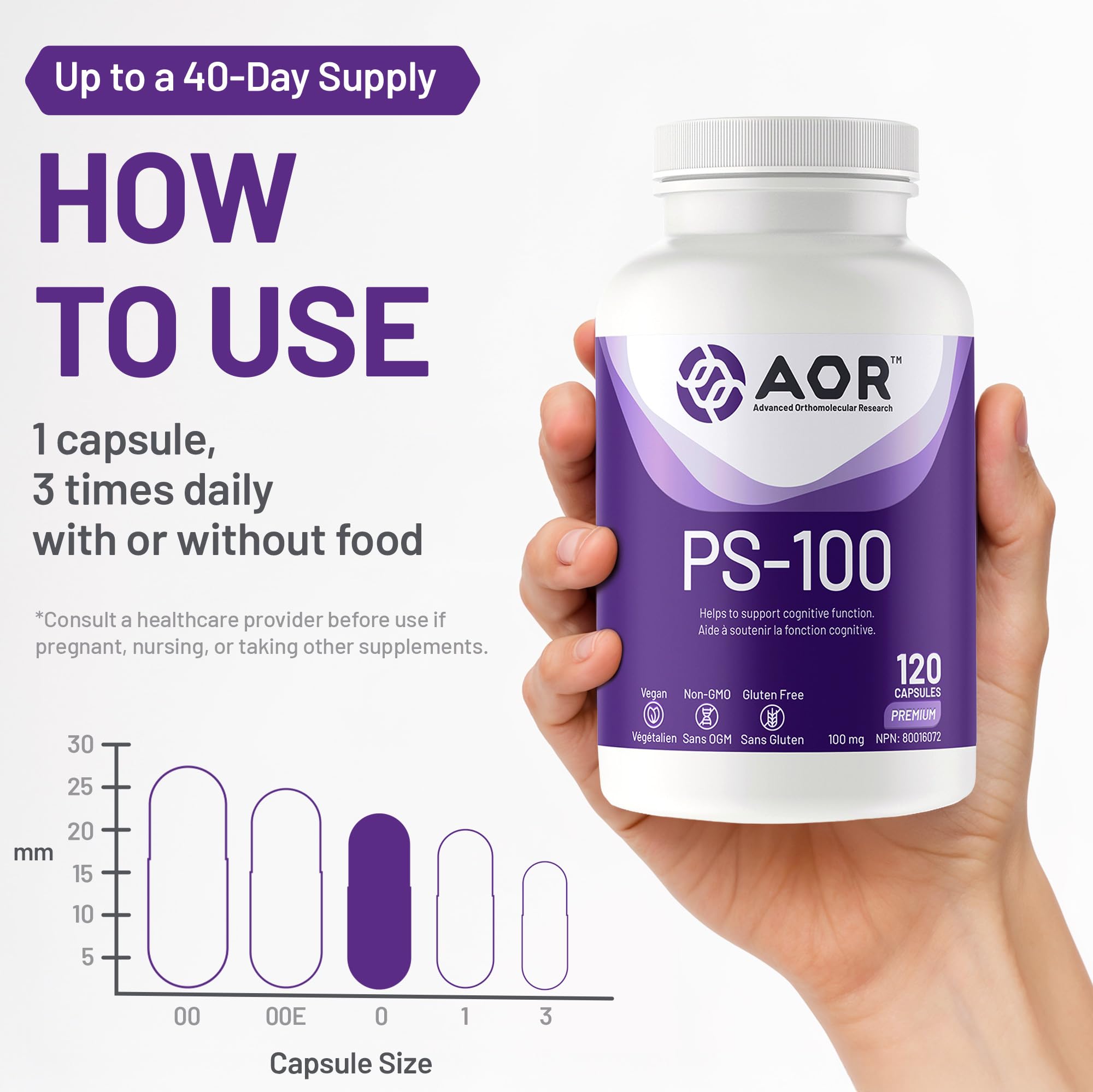AOR - PS-100 Phosphatidylserine 100mg, 60 gélules - Supplément de phosphatidylsérine pour la santé de la mémoire, suppléments de concentration et supplément cognitif - Suppléments de soutien cérébral pour la mémoire et la concentration