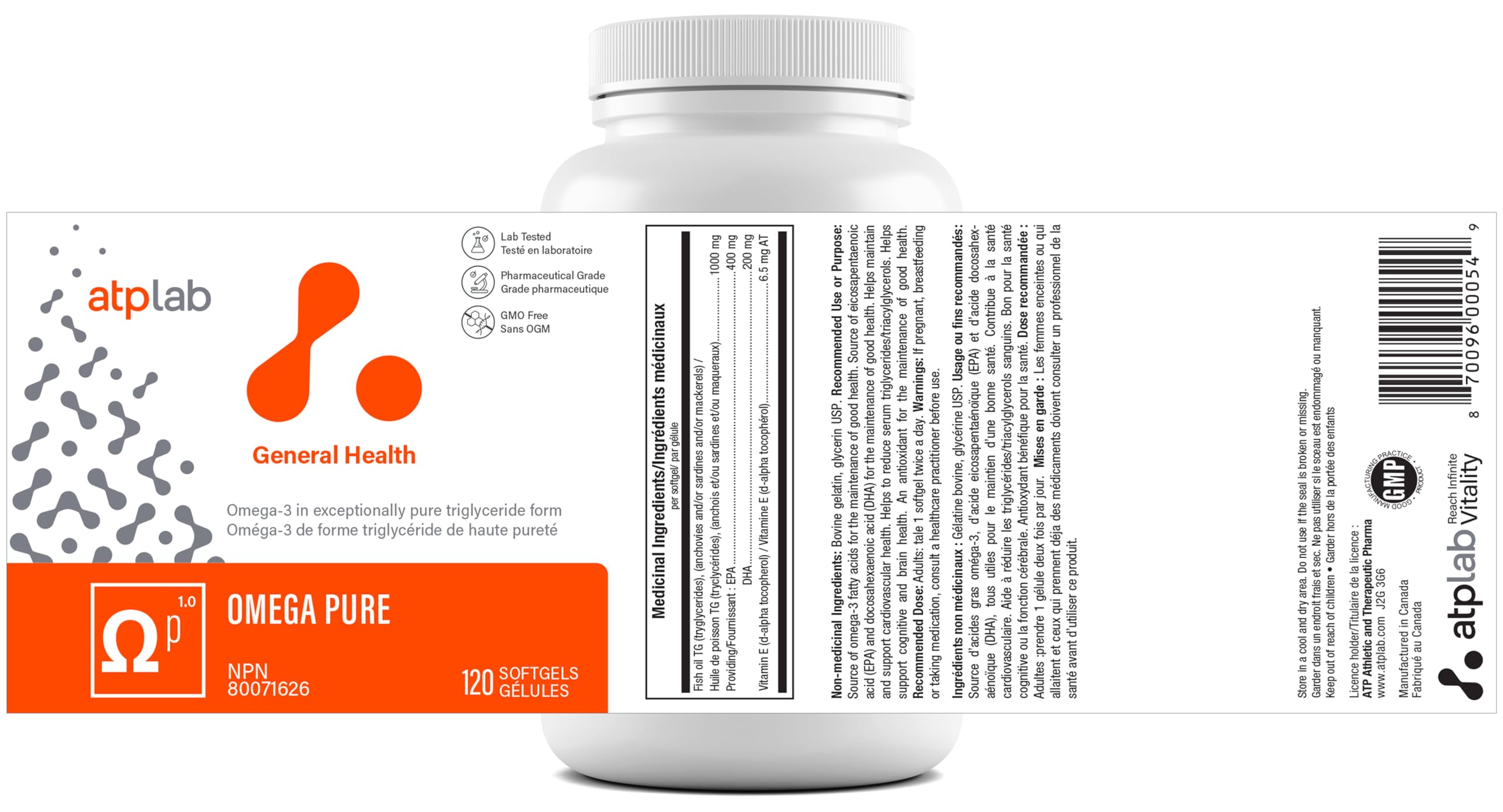 ATP Lab Omega Pure 120 gélules – Approvisionnement de 60 jours – Huile de poisson Oméga-3 TG EPA DHA et vitamine E, sans arrière-goût de poisson, favorise la fonction cérébrale et la santé cardiovasculaire, sans OGM, fabriqué au Canada, facile à avaler