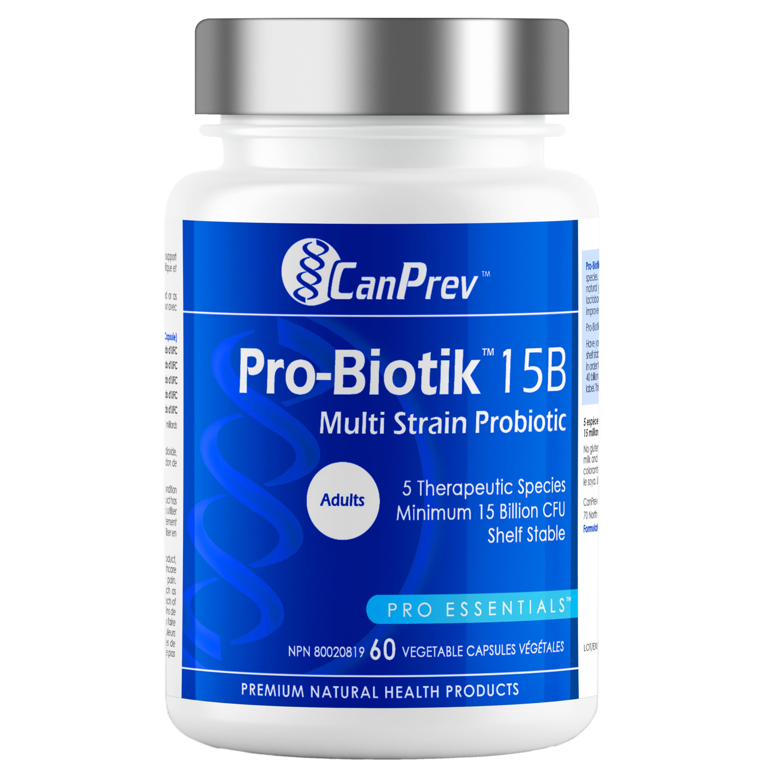 CanPrev Pro-Biotik 15 Billion CFU, 60 V-Caps 60-Day Supply - Non-GMO & Gluten-Free - Advanced Gut Health Formula with 5 Probiotic Strains Supplement - Supports Digestive Balance and Eases Bloating