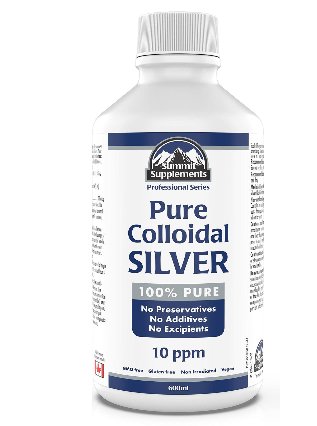 Pure Colloidal Silver Liquid 600ml Family Size, 120 Servings, 10 ppm Trace Mineral Drops, Neutral Taste, Multipurpose Daily Use for Skin & Wellness, Proudly Canadian, Plastic Negative, Vegan, GMO-Free