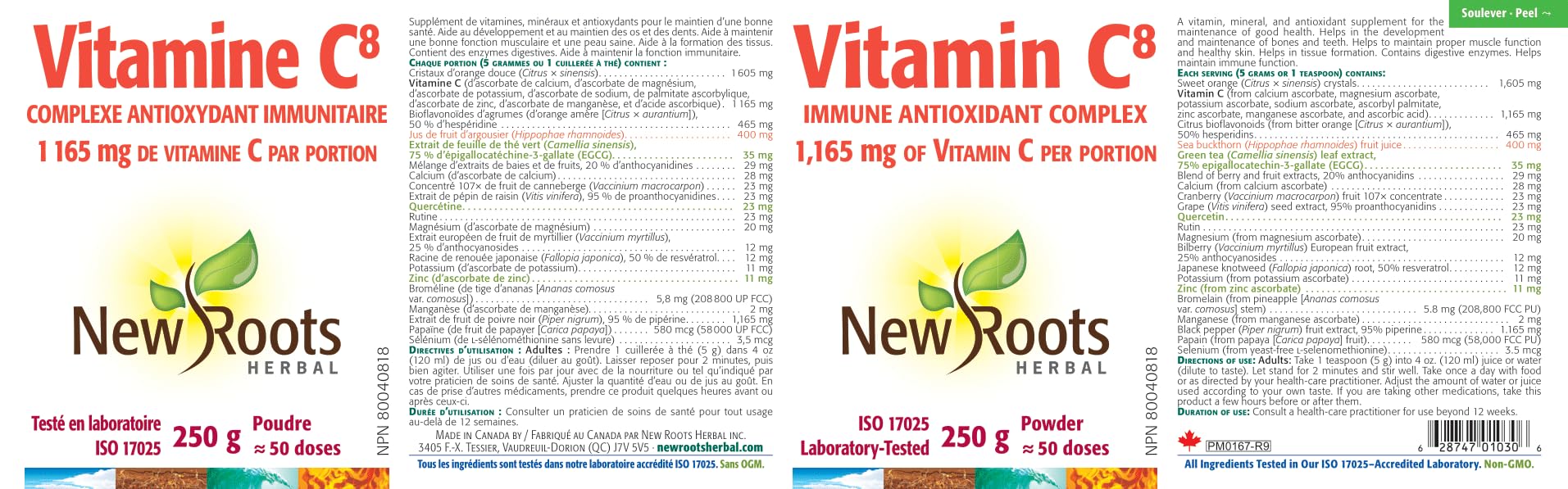 New Roots Vitamine C8 Complexe d'ascorbate (poudre) Orange naturelle 250 g 50 portions