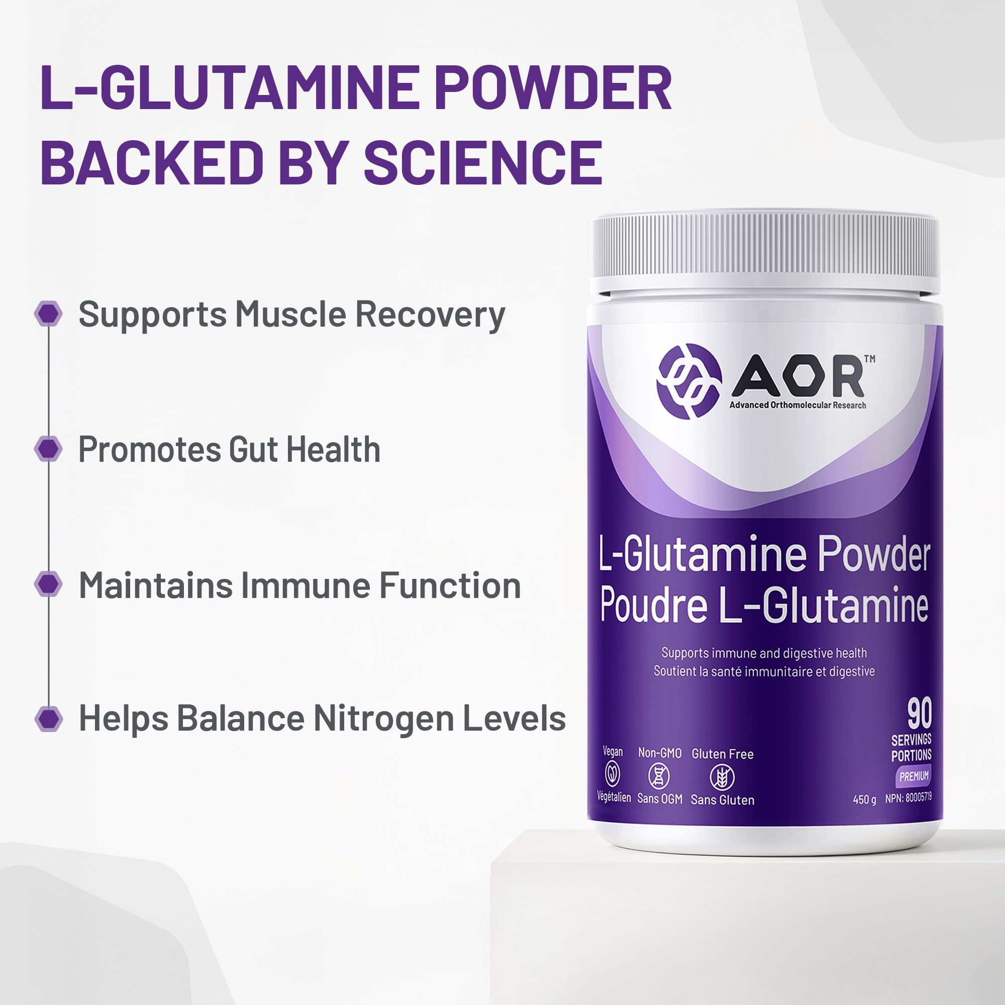AOR L-Glutamine Poudre 5000mg, 450g 90 portions – Supplément de L-Glutamine, favorise le confort digestif, la récupération et le bien-être général, végétalien et sans OGM, un choix fiable recommandé par les professionnels