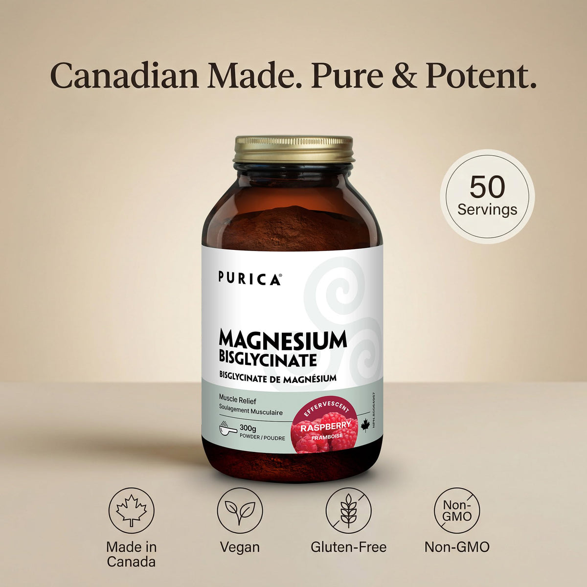 PURICA Magnesium Bisglycinate Powder, 350 mg, Raspberry Flavour, 300 g