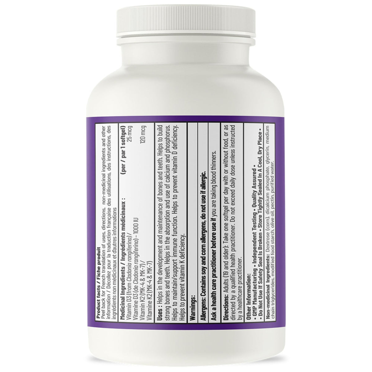 AOR Vitamin D3 K2 Vegan Supplement, 1000 IU, 120 mcg MK-4 MK-7, 90 Softgels