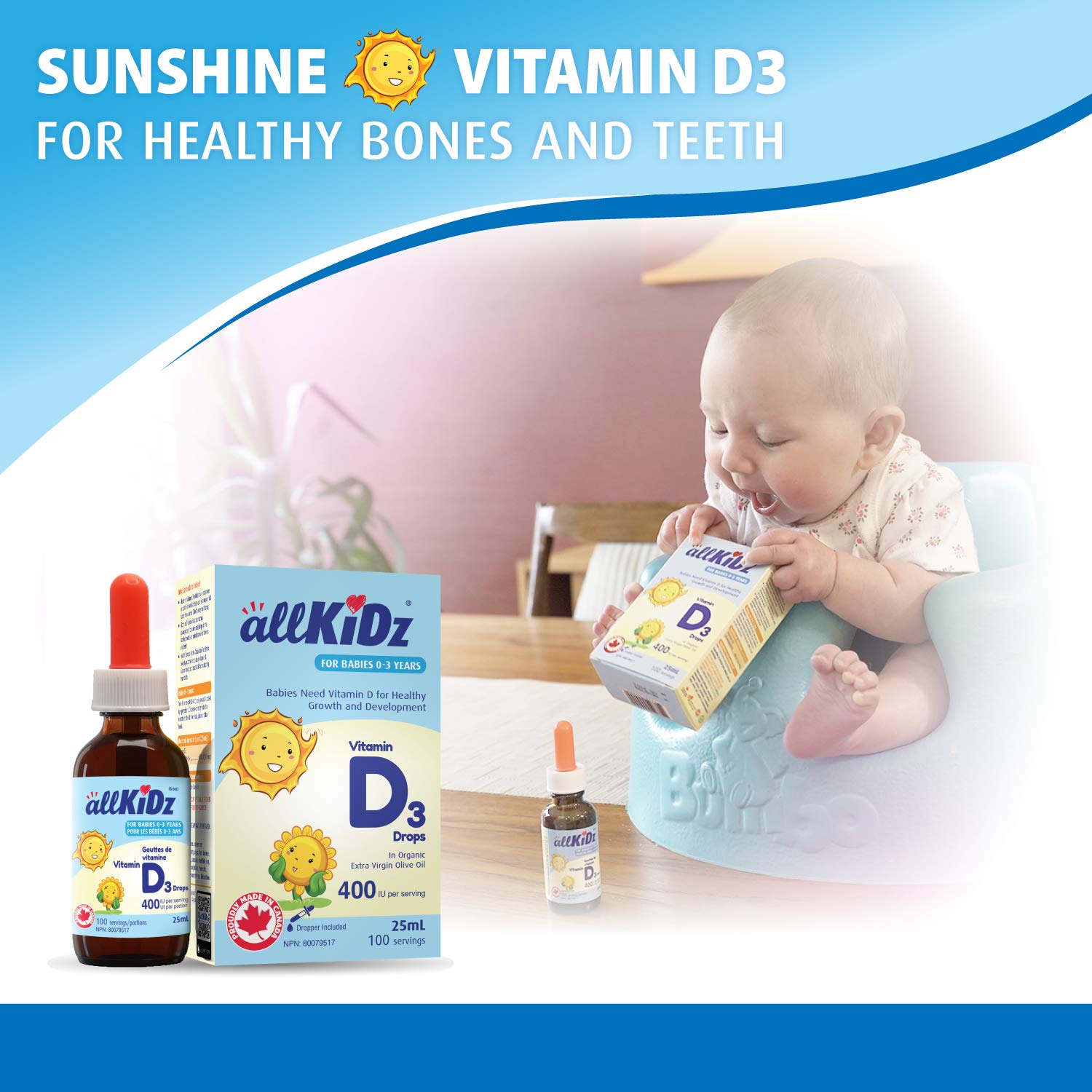 allKiDz Vitamin D3 Drops for Infants Babies Kids Children, Made in Canada, 400 IU Vitamin D Supplement, Helps Calcium Absorption Bone and Teeth, With Organic Extra Virgin Olive Oil, Liquid With Dropper, 25 Milliliter = 100 Days