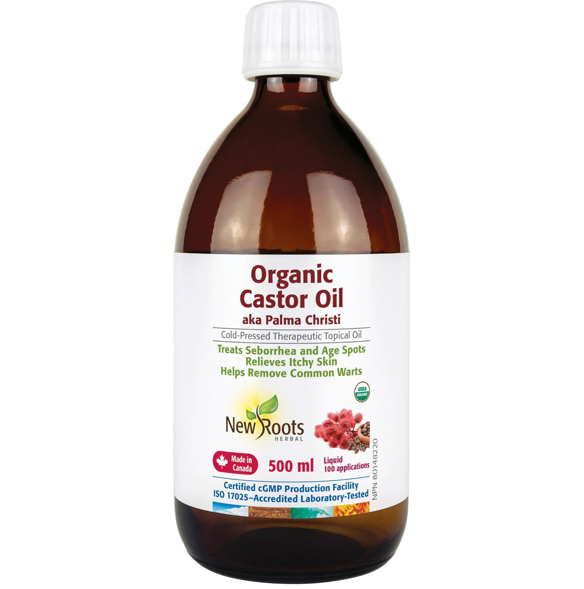 NEW ROOTS HERBAL Moisturizing Organic Castor Oil, 500 ml, Unscented, for Dry Skin, Cold-Pressed, Hexane-Free, Single Ingredient, Oil