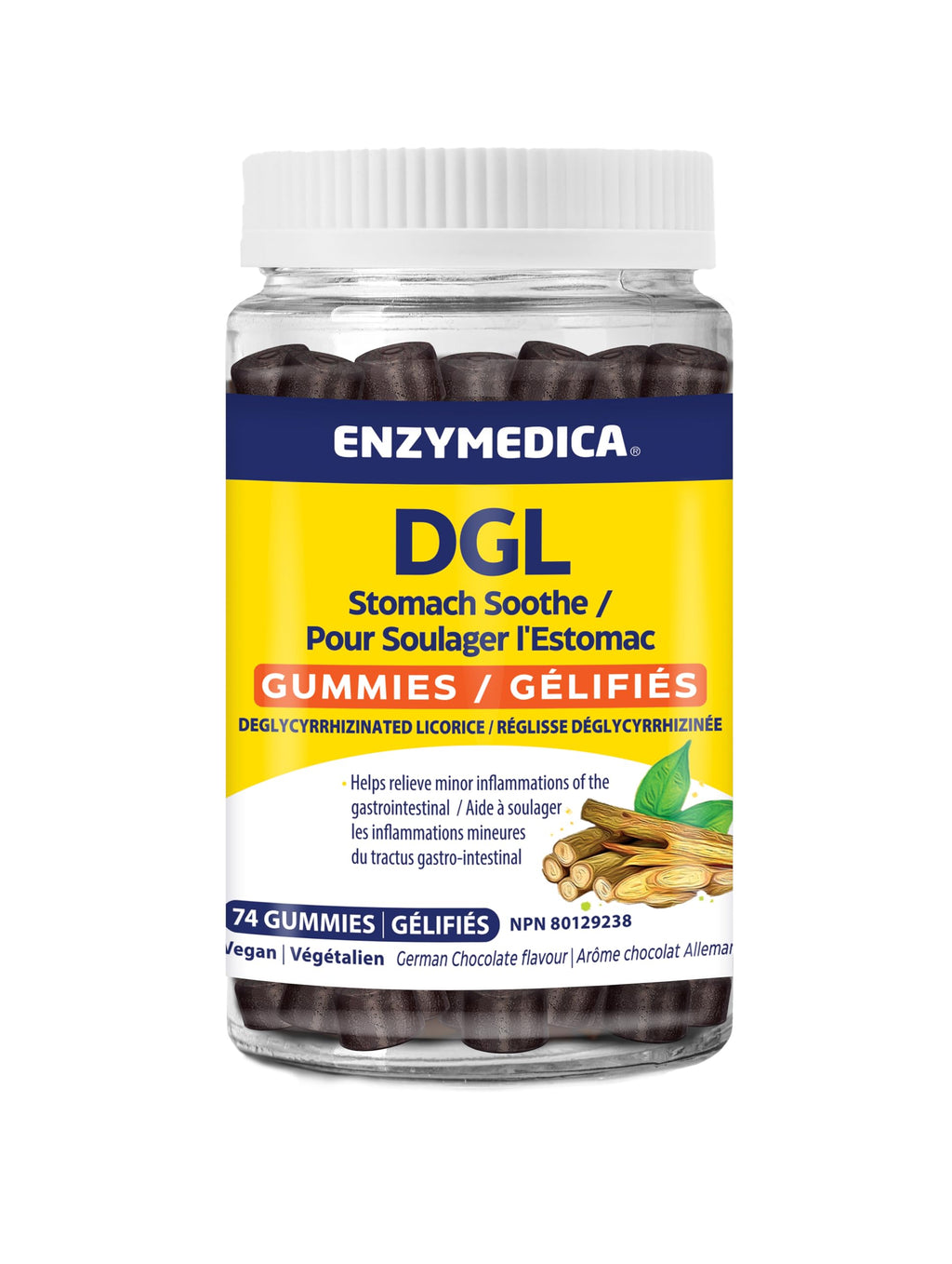 Enzymedica DGL Stomach Soothe Gummies, 74 Count, 37-Day Supply, German Chocolate Flavour, Vegan Digestive Support with Deglycyrrhizinated Licorice, Gentle Stomach Comfort & Wellness, Dairy & Soy Free