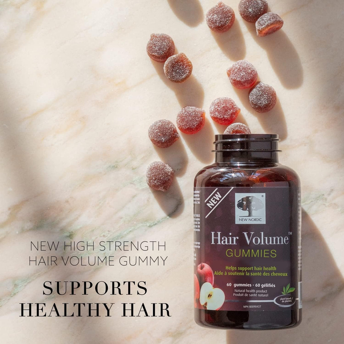 New Nordic Hair Volume Biotin Gummies for Adults, Zinc, Apple, 120 Gummies