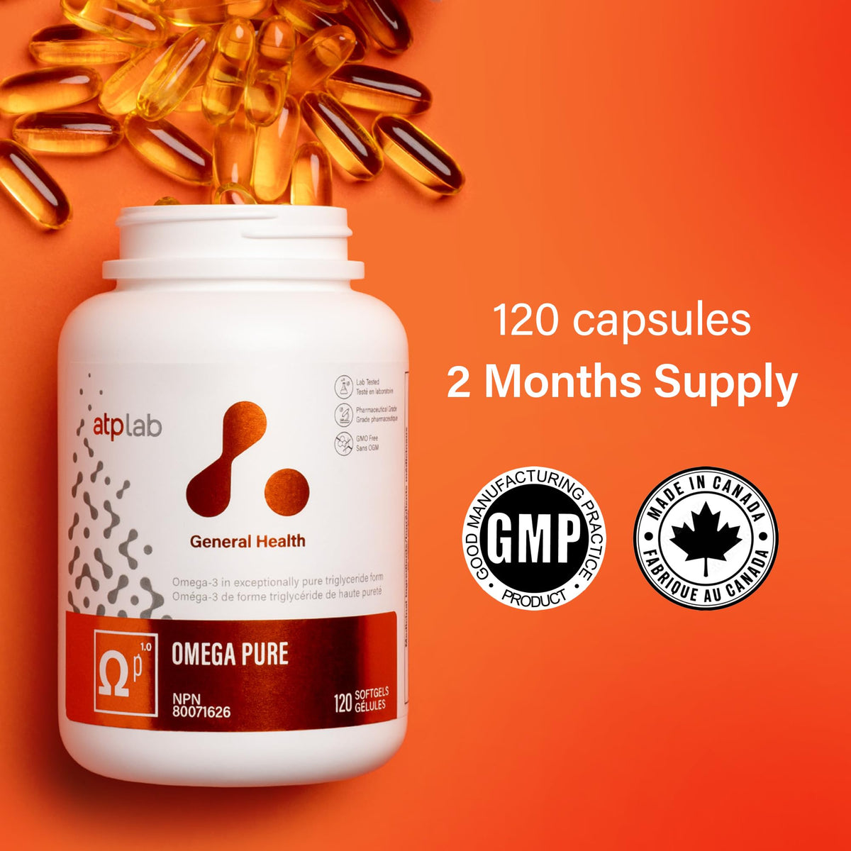 atplab Omega Pure Omega 3 Fish Oil, 400 mg EPA & 200 mg DHA, 120 Capsules