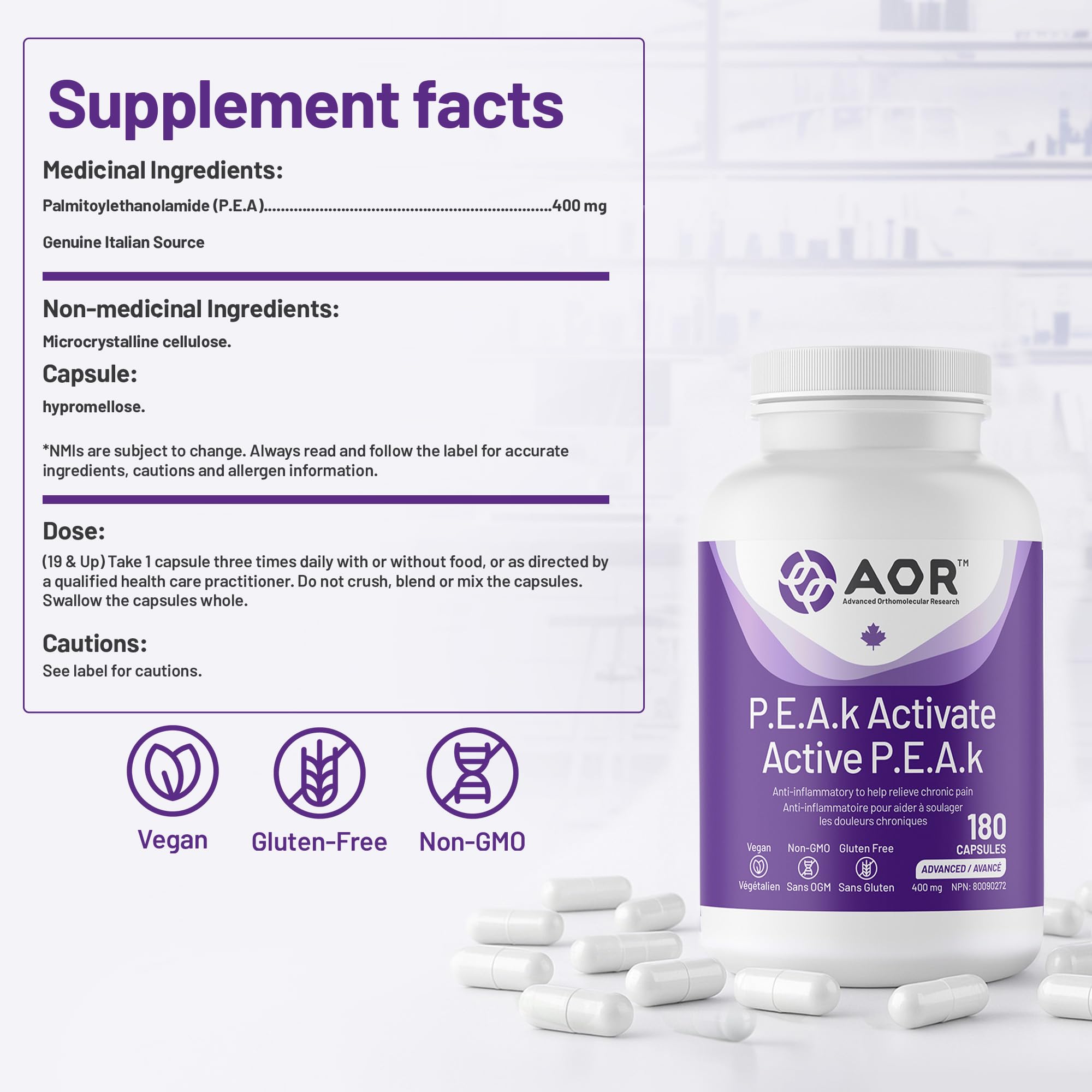 AOR P.E.A.K Activate 400 mg – Supplément de palmitoyléthanolamide (PEA) pour le confort et le bien-être – Sans OGM et végétalien – Supplément de PEA pour un bien-être équilibré et un soutien quotidien