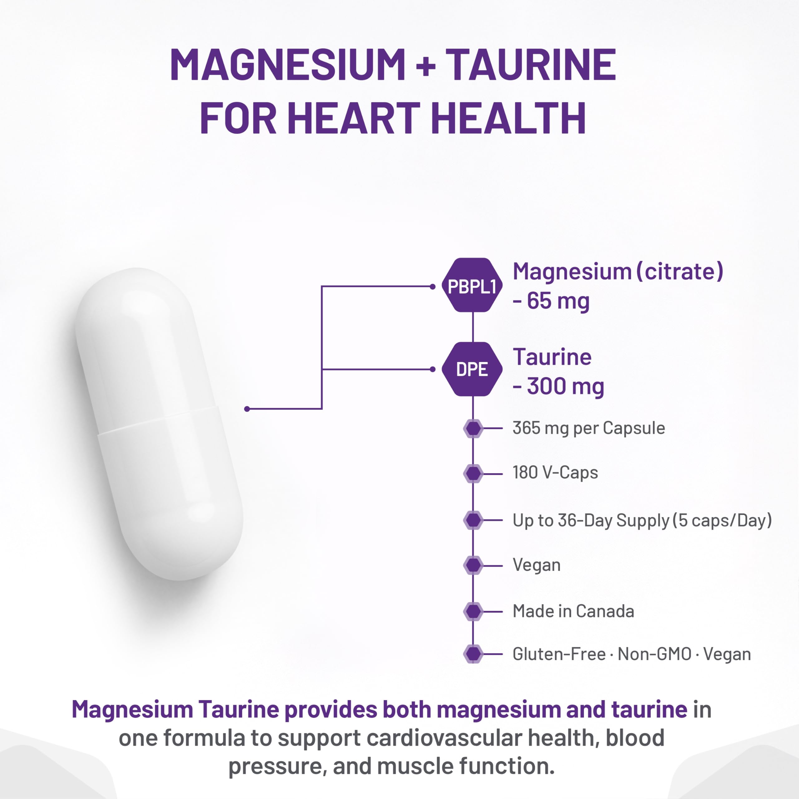 AOR Magnesium + Taurine 365mg, 180 Caps 36-Day Supply - Magnesium-Citrate with Taurine Supplements for Energy Production, Strong Bone, Muscle Relaxation & Circulatory System Support - Vegan & Non-GMO