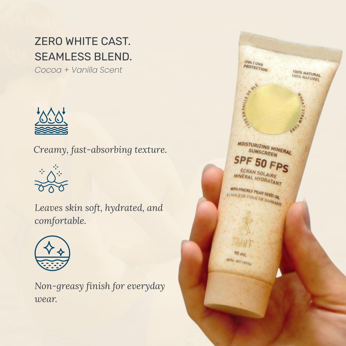 TANIT Moisturizing Mineral Sunscreen SPF 50, 90ml – Broad Spectrum UVA/UVB Defense with Prickly Pear Seed Oil – Lightweight, Water-Resistant, Vegan Cream for Daily Face & Body Protection