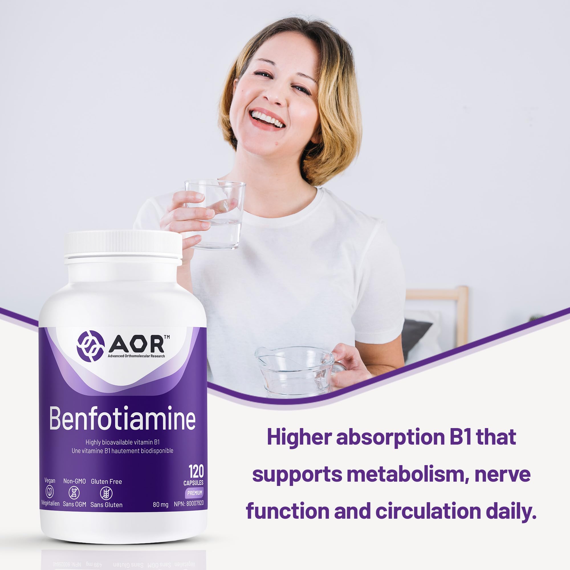 AOR Benfotiamine Vitamine B1 80mg 120 Gélules Fourniture de 120 Jours - Supplément de Complexe de Vitamines B - Végan, Sans OGM, Sans Gluten - Facile à Avaler - Soutient la Production d'Énergie, un Métabolisme Sain et la Circulation