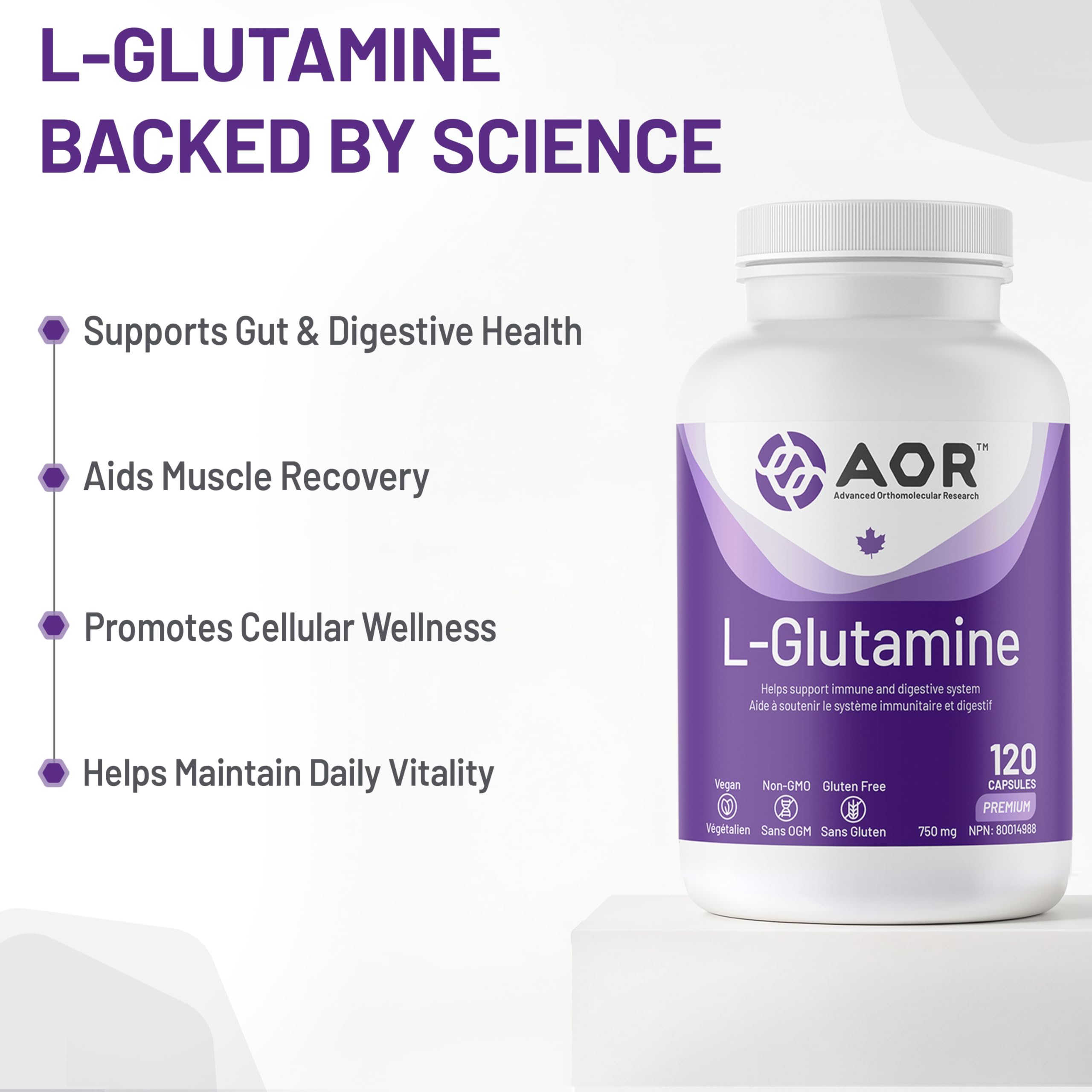 AOR L-Glutamine 750mg, 120 Gélules - Supplément de L-Glutamine pour la Santé Intestinale et la Récupération, Soutient le Confort Digestif - Végétalien, Sans Gluten et Sans OGM - Idéal pour les Modes de Vie Actifs