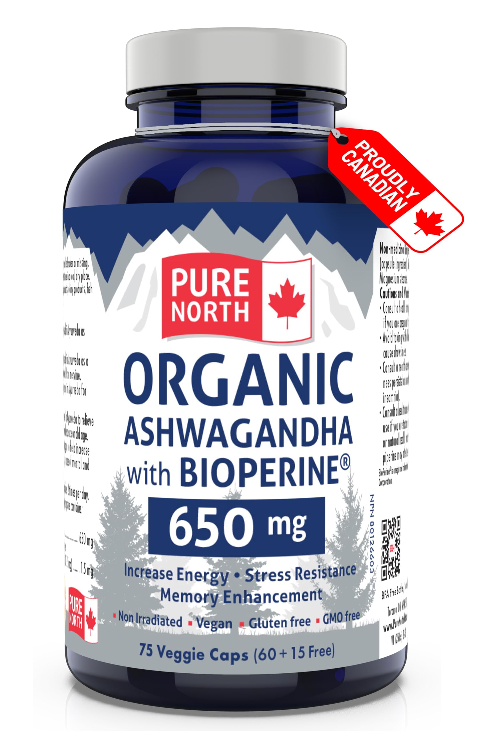 Pure North Naturals - Ashwagandha Bio avec BioPerine, 75 gélules végétaliennes - Améliore l'énergie, les fonctions cognitives et la mémoire - Testé par une tierce partie - Formulé et fabriqué au Canada