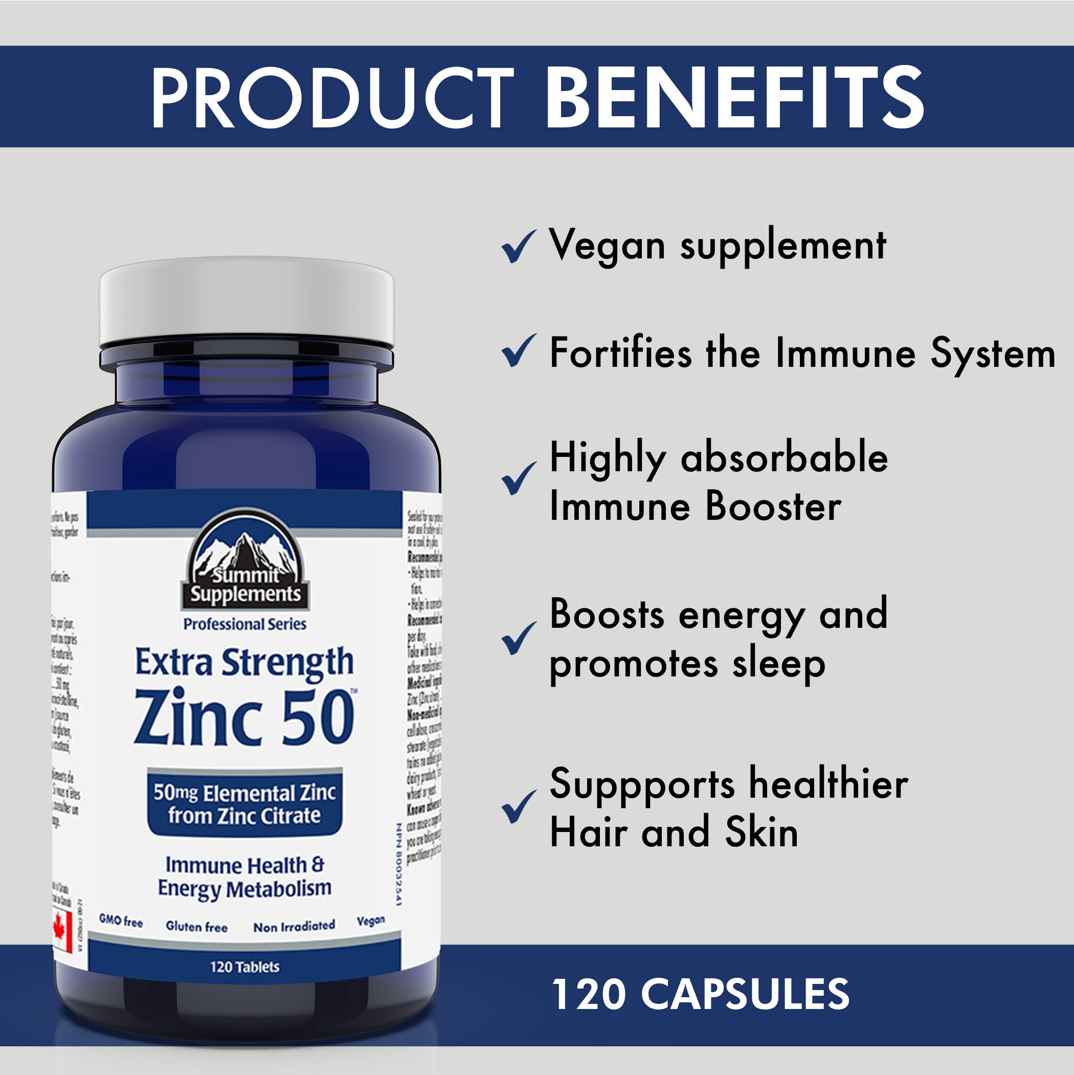 Proudly Canadian & Plastic Negative - Chelated Zinc Citrate 50mg 120 Vegan Tablets 120-Day Supply - Healthy Skin, Enhanced Sleep and Immune Support - 3rd Party Tested - Formulated & Made in Canada