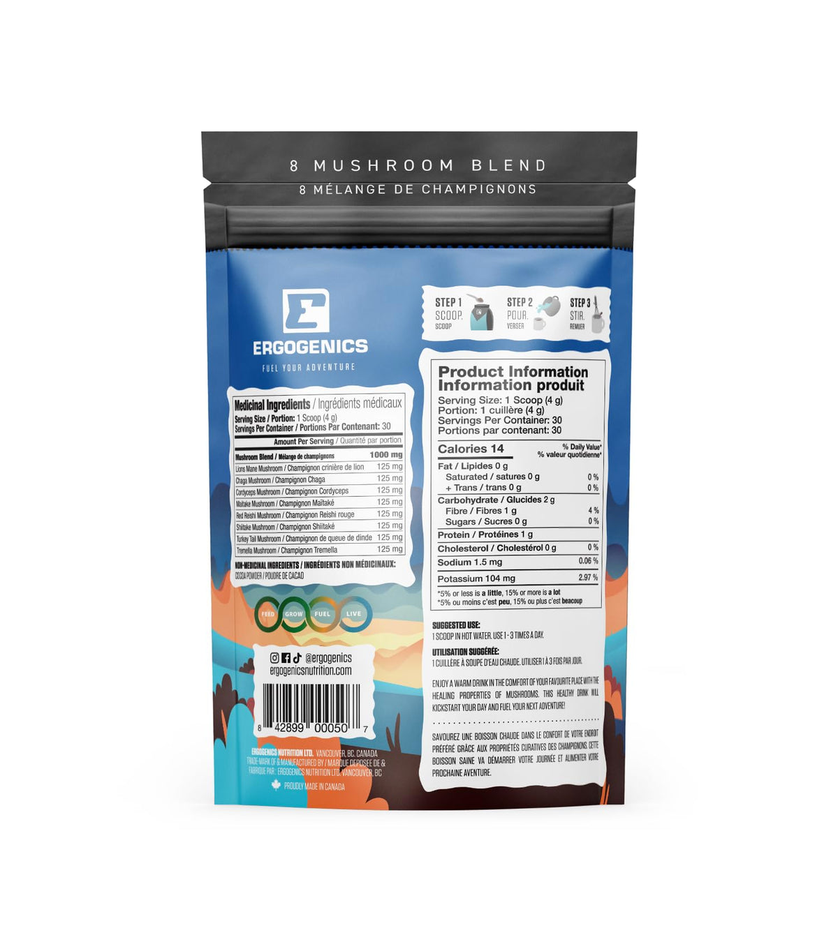 Ergogenics 8 Mushroom Blend Powder, Cocoa Dark Chocolate Hot Drink, 120g
