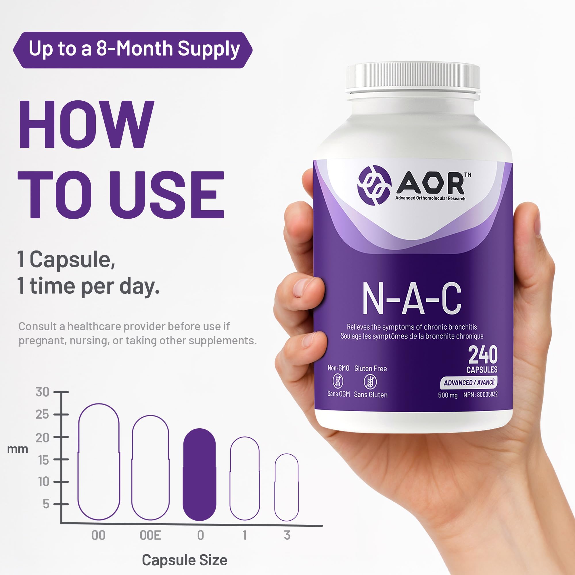 AOR N-A-C N-Acetyl Cysteine 500mg 240 Caps, 8-Month Supply, Support Balanced Immune System, Promotes Glutathione Level, Healthy Respiratory Function, Skin Health & Liver Wellness, Gluten-Free, Non-GMO
