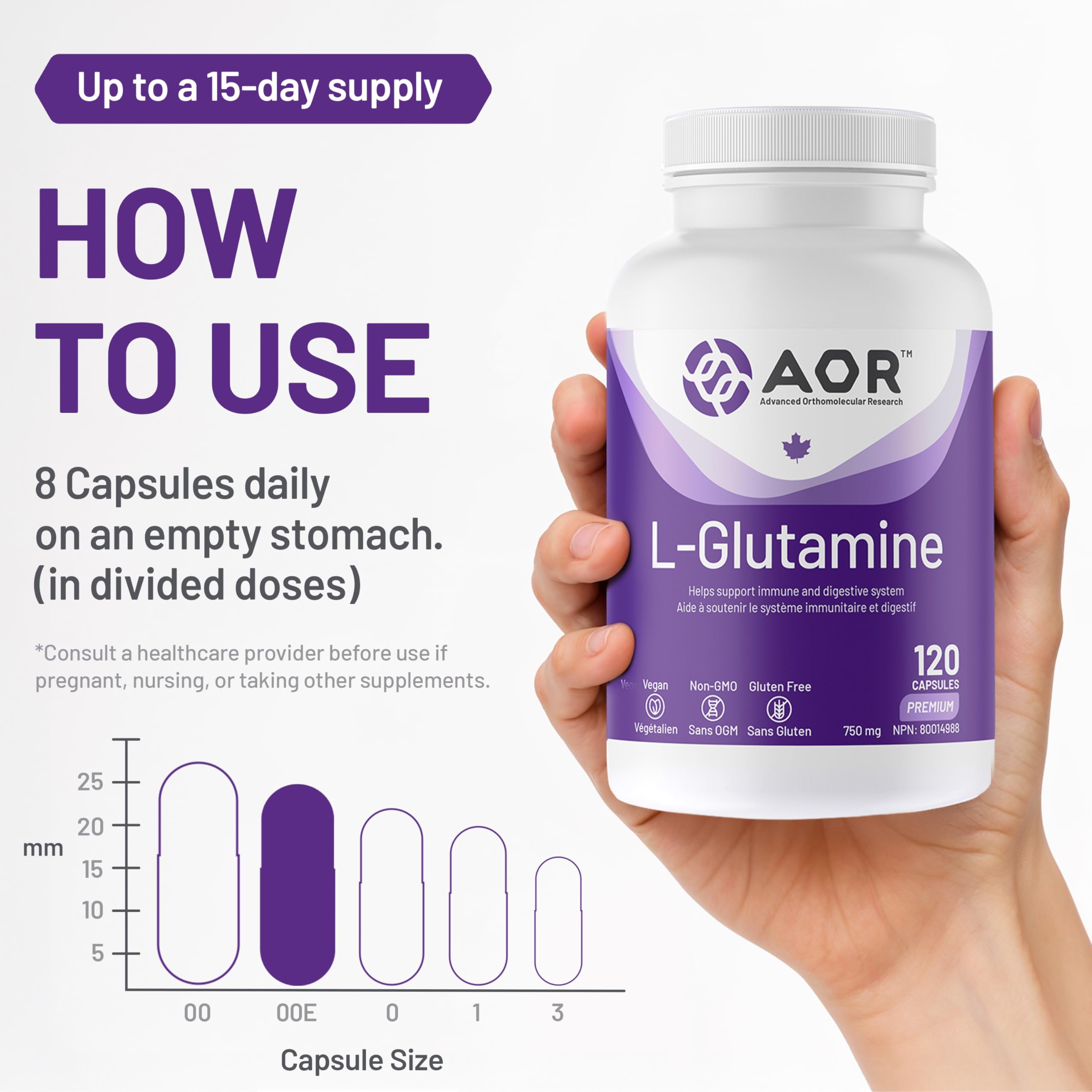 AOR L-Glutamine 750mg, 120 Capsules - L-Glutamine Supplement for Gut Wellness and Recovery, Supports Digestive Comfort - Vegan, Gluten-Free and Non-GMO - Ideal for Active Lifestyles