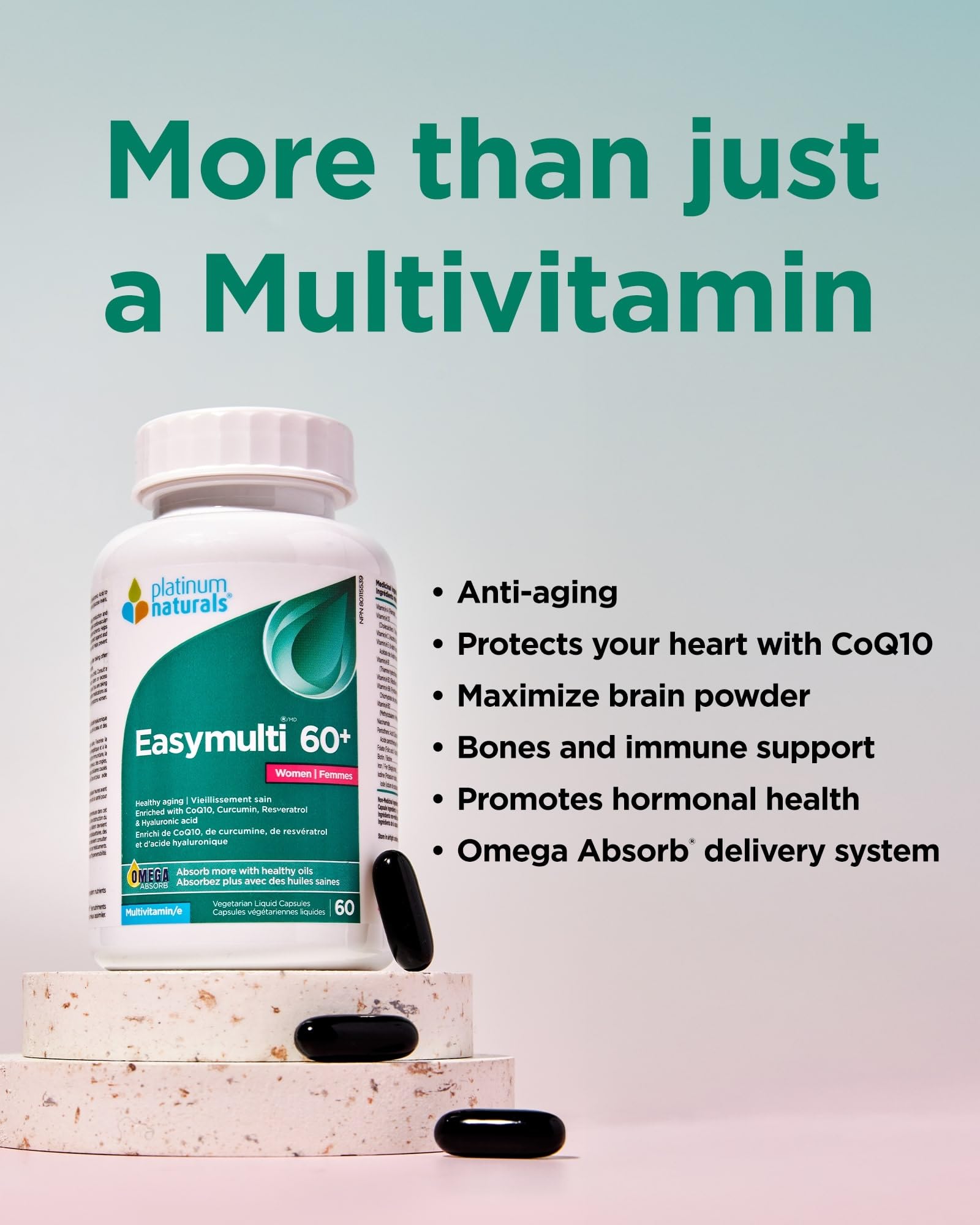 Platinum Naturals Easymulti 60+ for Women - Comprehensive Multivitamin with CoQ10, Omega & Fish Oil for Heart Health, Enhanced with Calcium, Vitamin D3 & B Complex for Immune Support