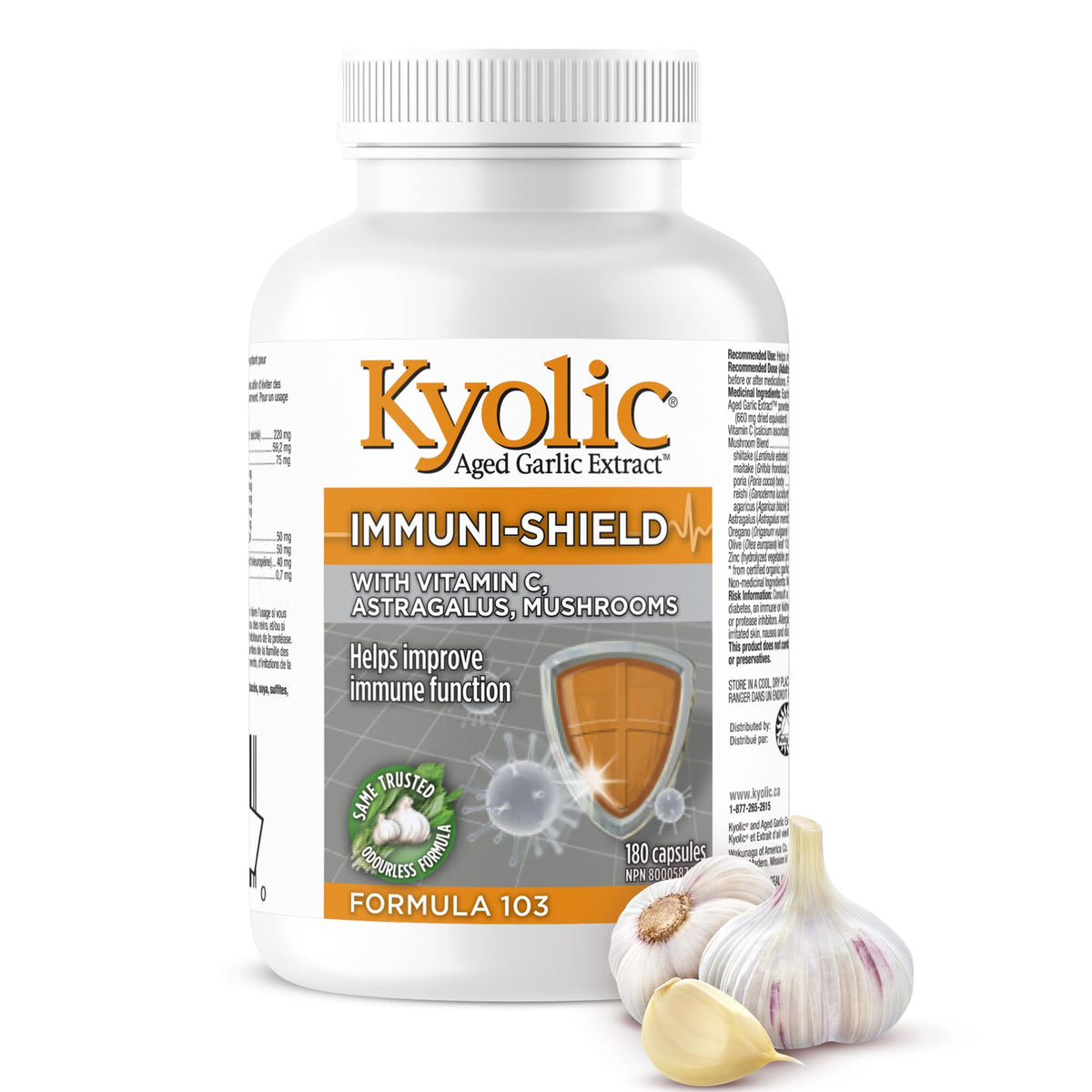 Kyolic Immuni-Shield Odourless Aged Garlic Extract, Vitamin C, 180 Capsules
