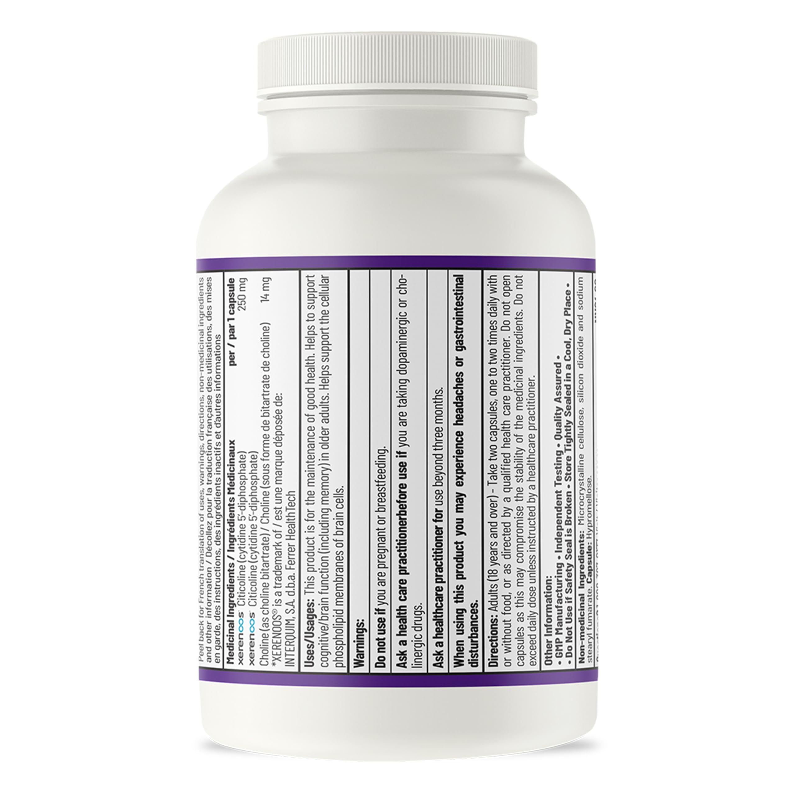 AOR Xerenoos Citicoline, complément avec Bitartrate de choline, 60 capsules, cure de 30 jours – Favorise les fonctions cognitives, la concentration et la mémoire – Soutien des phospholipides pour la santé du cerveau – Sans OGM, végétalien et sans gluten