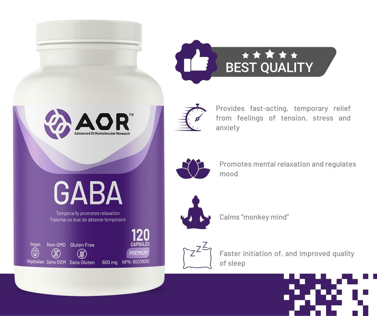 AOR GABA Supplement Capsules, 600 mg, Vegan, Gluten Free, 120 Day Supply