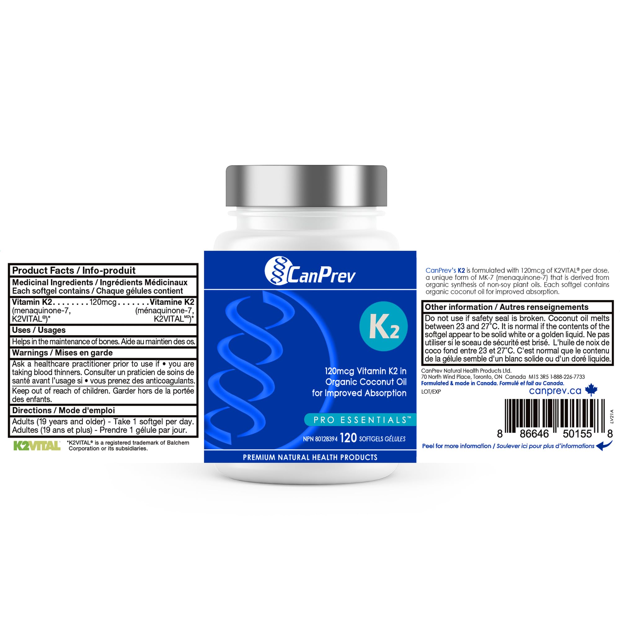 CanPrev K2 120mcg avec huile de noix de coco biologique – Végétalien, sans OGM – Absorption améliorée pour un soutien optimal des os et des dents, vitamine K2 à haute puissance pour des os et des dents solides