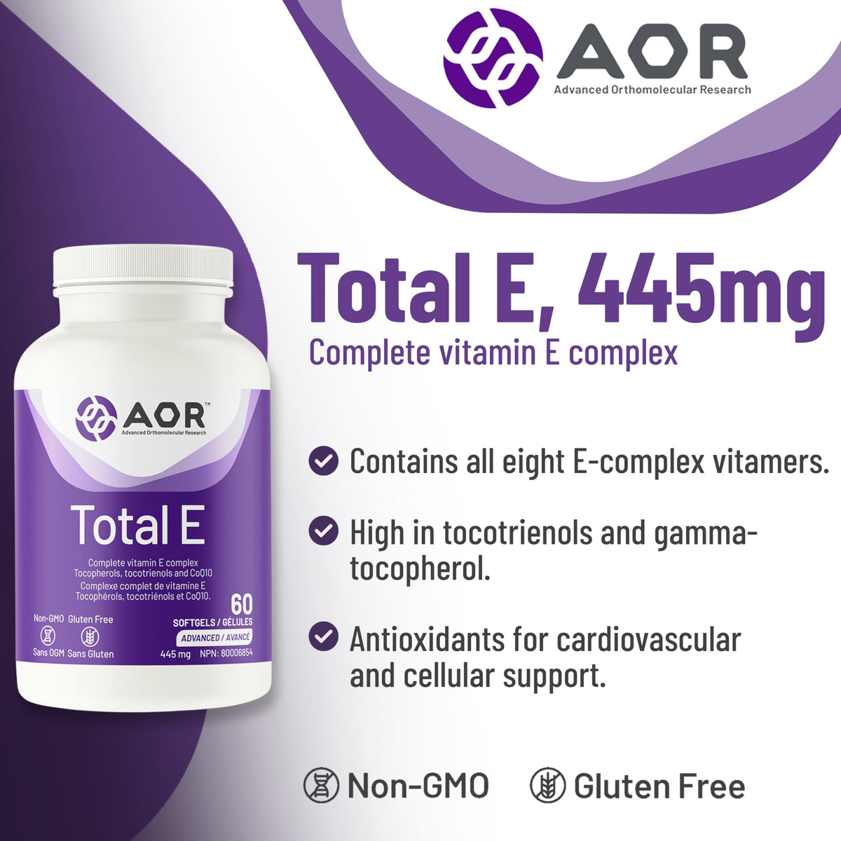AOR Vitamin E Softgels, Total E, All 8 Forms, 30 mg CoQ10, 60-Day Supply