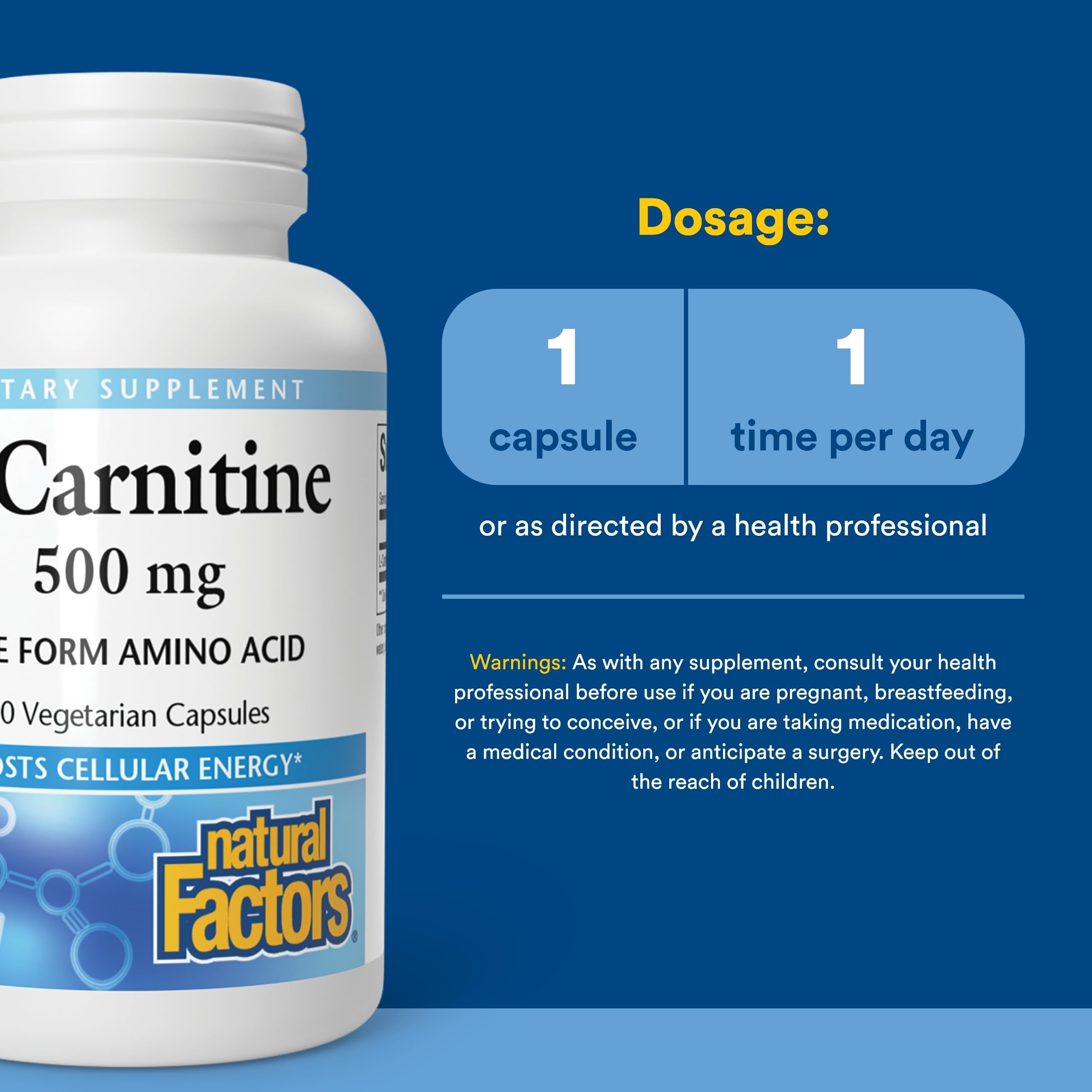 Natural Factors L-Carnitine 500 mg, 60 Vegetarian Capsules, Free Form Amino Acid, Aids in Muscle Recovery, Proudly Canadian