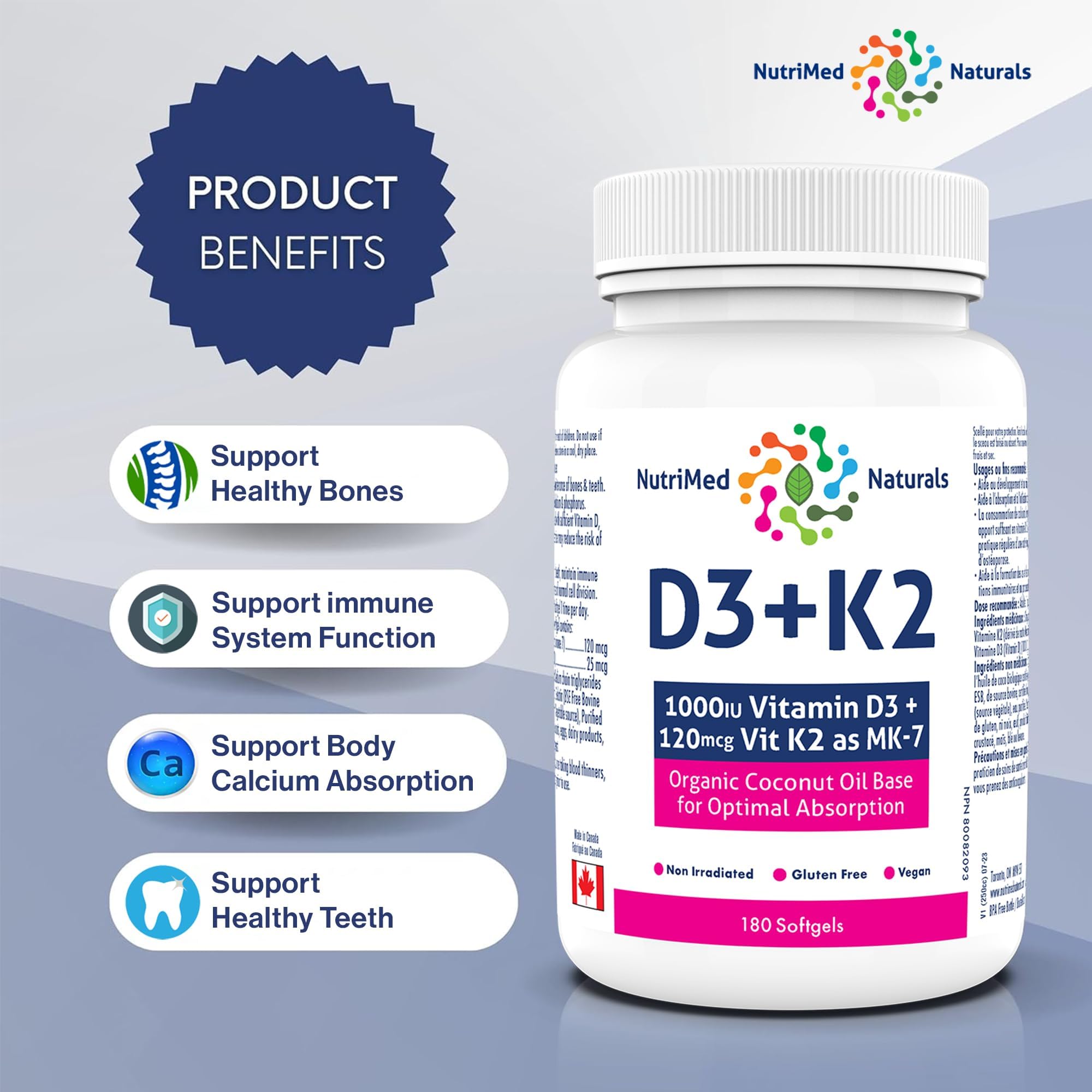 Nutrimed Naturals - D3 + K2, 180 Softgels 180-Day Supply - Optimal Absorption with Organic Coconut Oil Base, MK7 K2 Vitamin for Bone and Heart Health - 3rd Party Tested - Formulated & Made in Canada