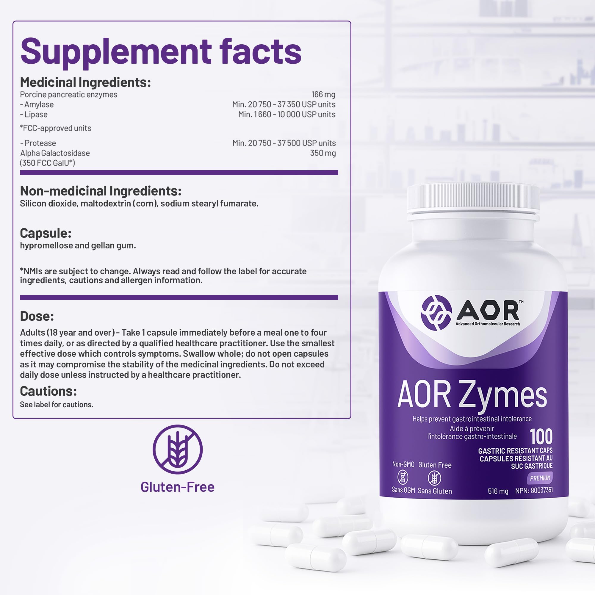 AOR Zymes Enzymes pancréatiques 516mg, 100 gélules pour 100 jours – Aide à prévenir l'intolérance gastro-intestinale, soutien digestif avec lipase, amylase et protéase – Sans OGM et sans gluten