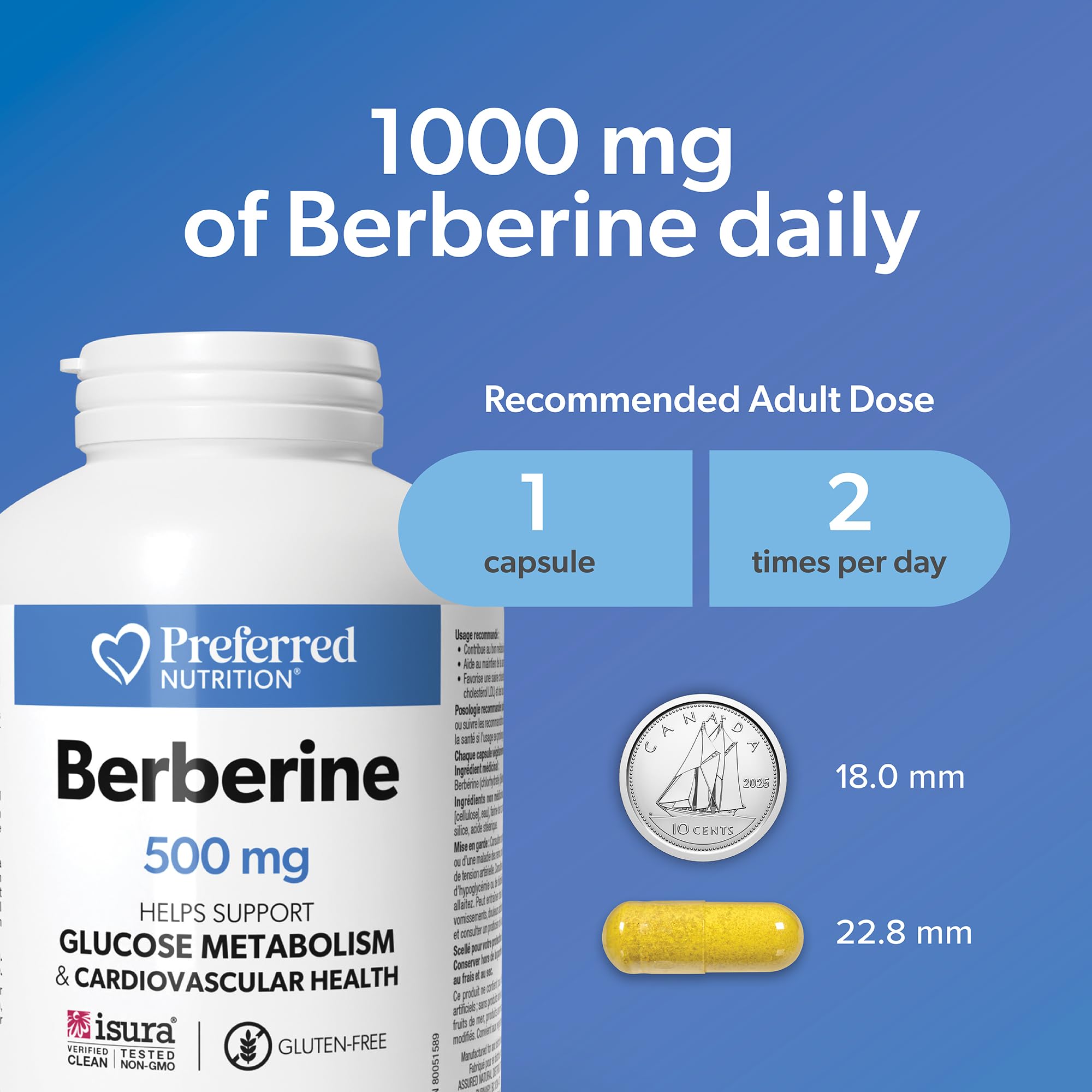 Preferred Nutrition Berberine MAXIMUM POTENCY 1000 mg per Serving (2 caps, 500 mg each), Vegetarian Capsules, Canadian Company