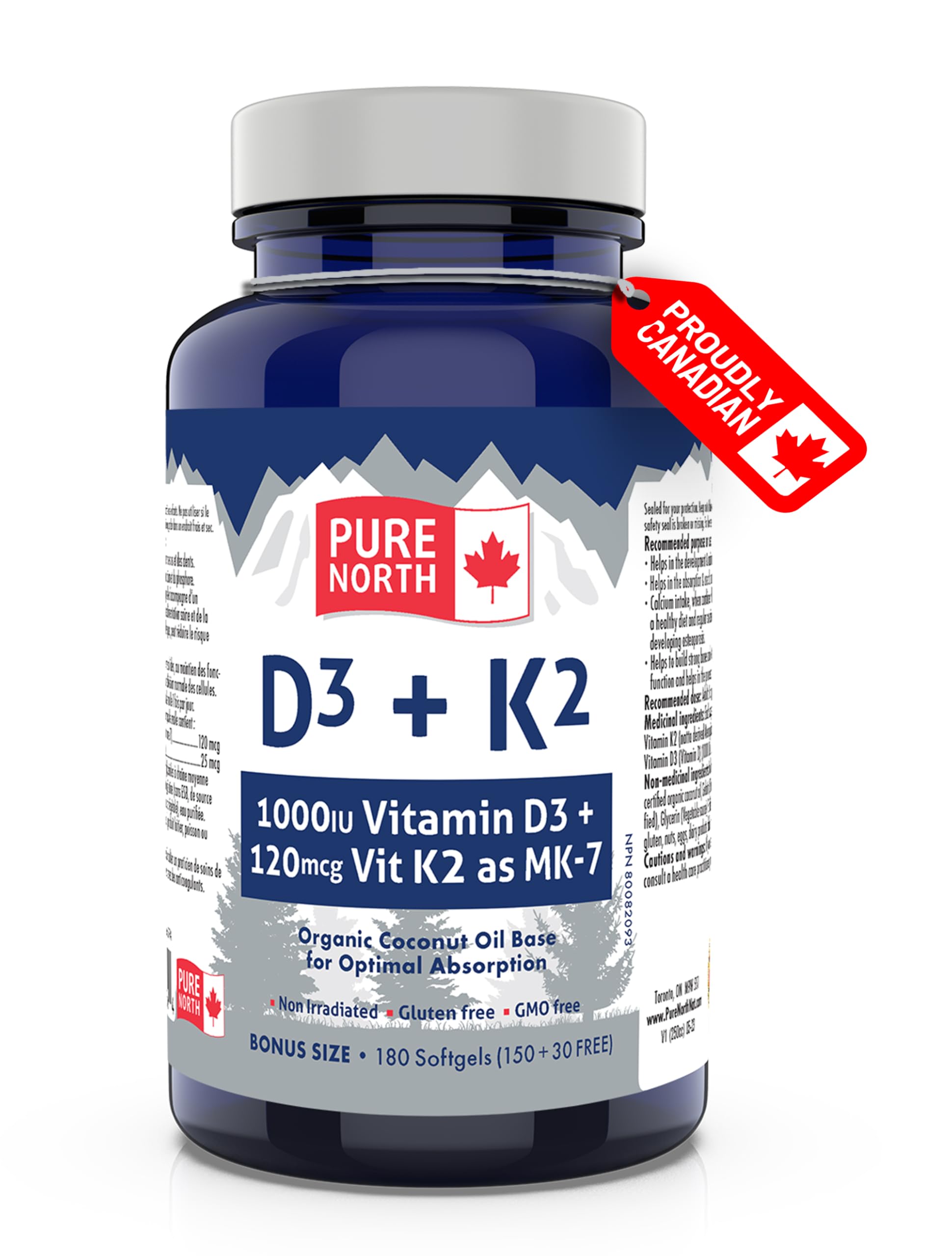 Pure North Naturals - D3 + K2 Vitamin Supplement 180 Softgels 180-Day Supply - Bone & Teeth Health - D3 1000IU + K2 MK7 120mcg with Organic Coconut Oil - 3rd Party Tested - Formulated & Made in Canada