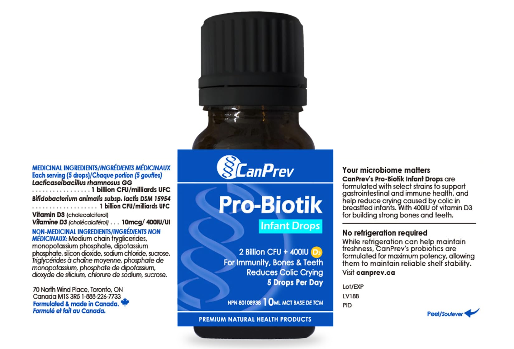 CanPrev Pro-Biotik Infant Drops 50-Day Supply - 2 Billion CFU with 400IU Vitamin D3, Probiotic Supplement for Babies & Kids to Support Digestive Wellness, Bone Strength, Healthy Teeth & Immune Health
