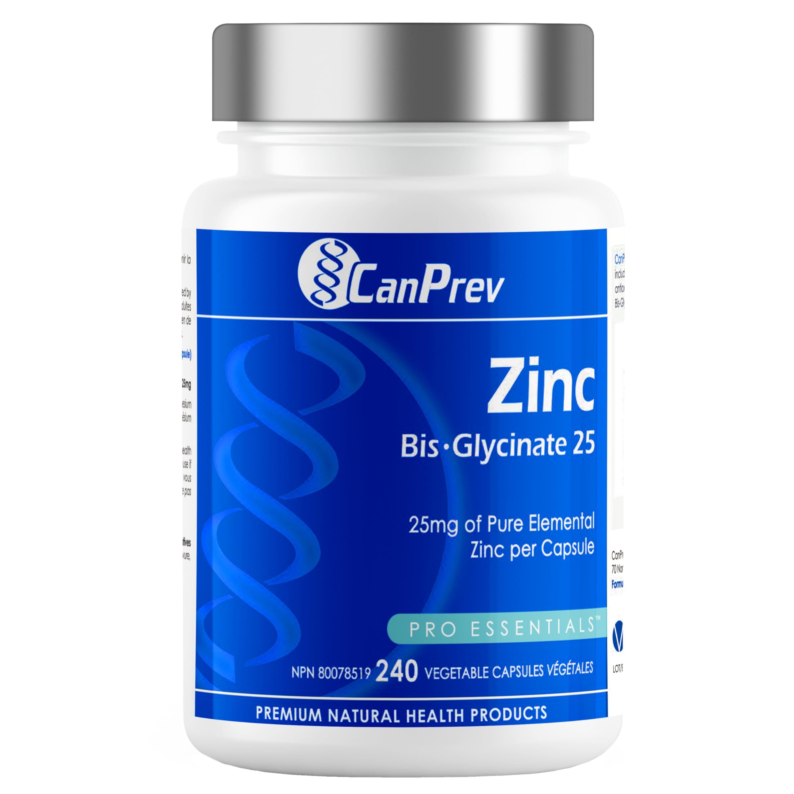 CanPrev Zinc Bis-Glycinate 25mg de zinc élémentaire pur par capsule - Produits de Santé Naturels
