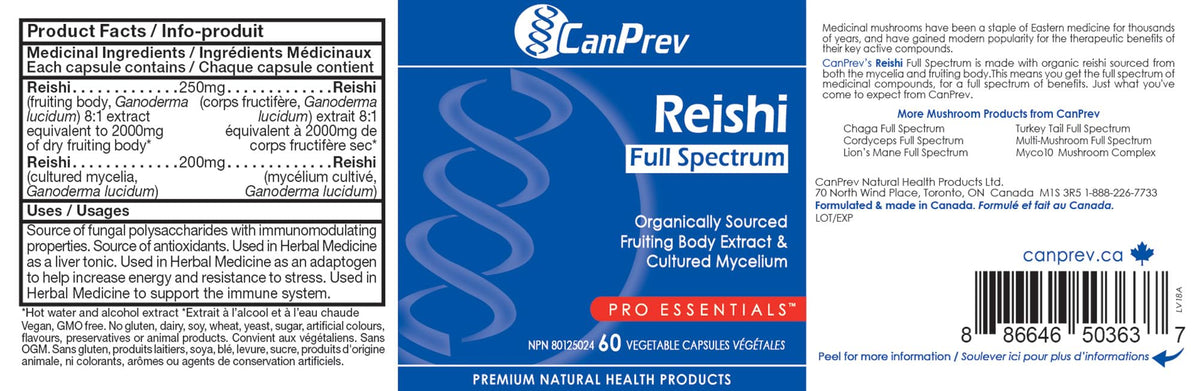 CanPrev Reishi Mushroom Capsules, Full Spectrum, 60 Veg Caps, 60 Day Supply