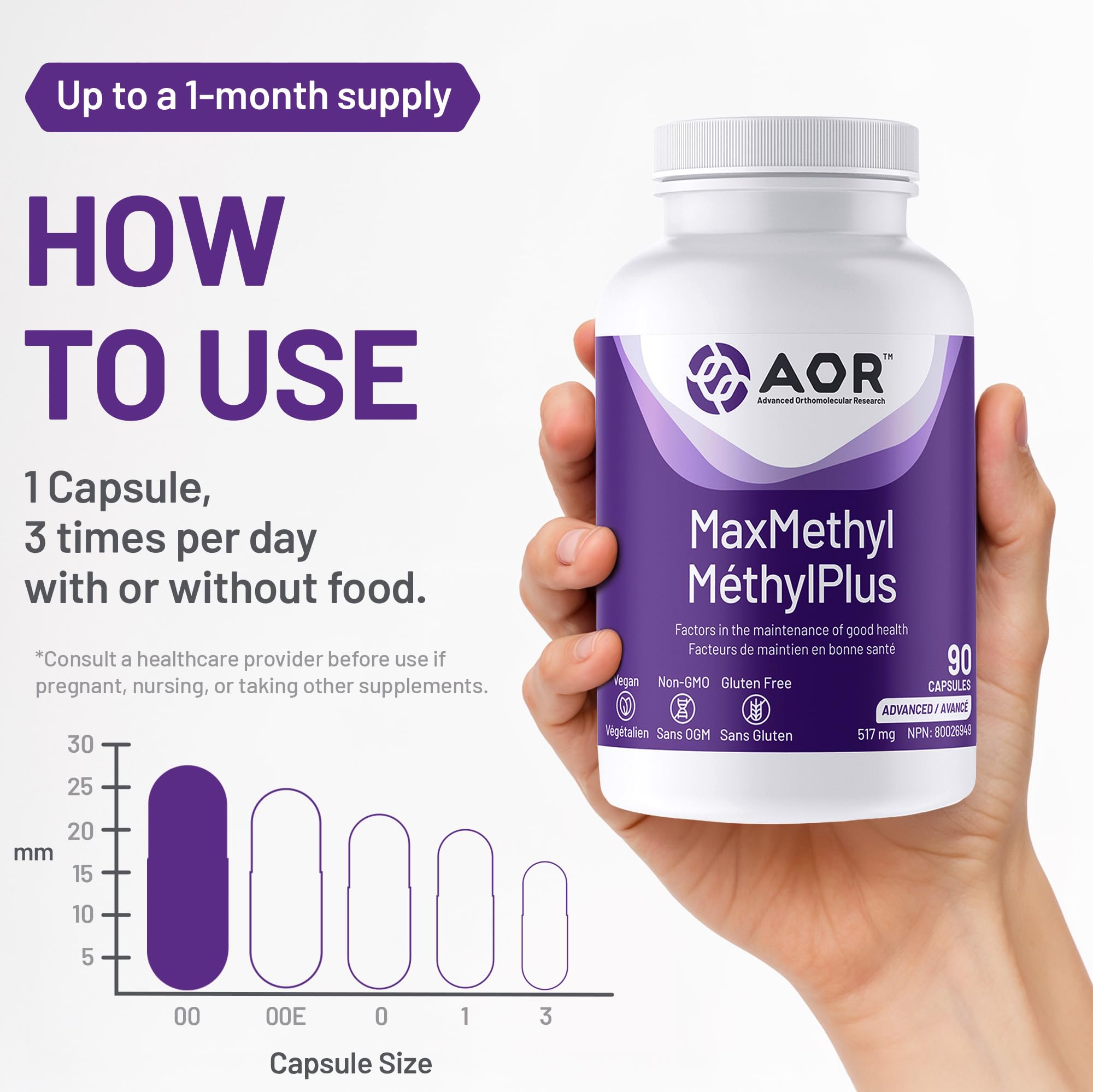 AOR Max Methyl 517mg, 90 gélules végétaliennes, 30 jours d'approvisionnement - Acide folique avec vitamine B6 active (P5P) & méthylcobalamine (vitamine B12), sans OGM, méthylation équilibrée et développement sain des globules rouges