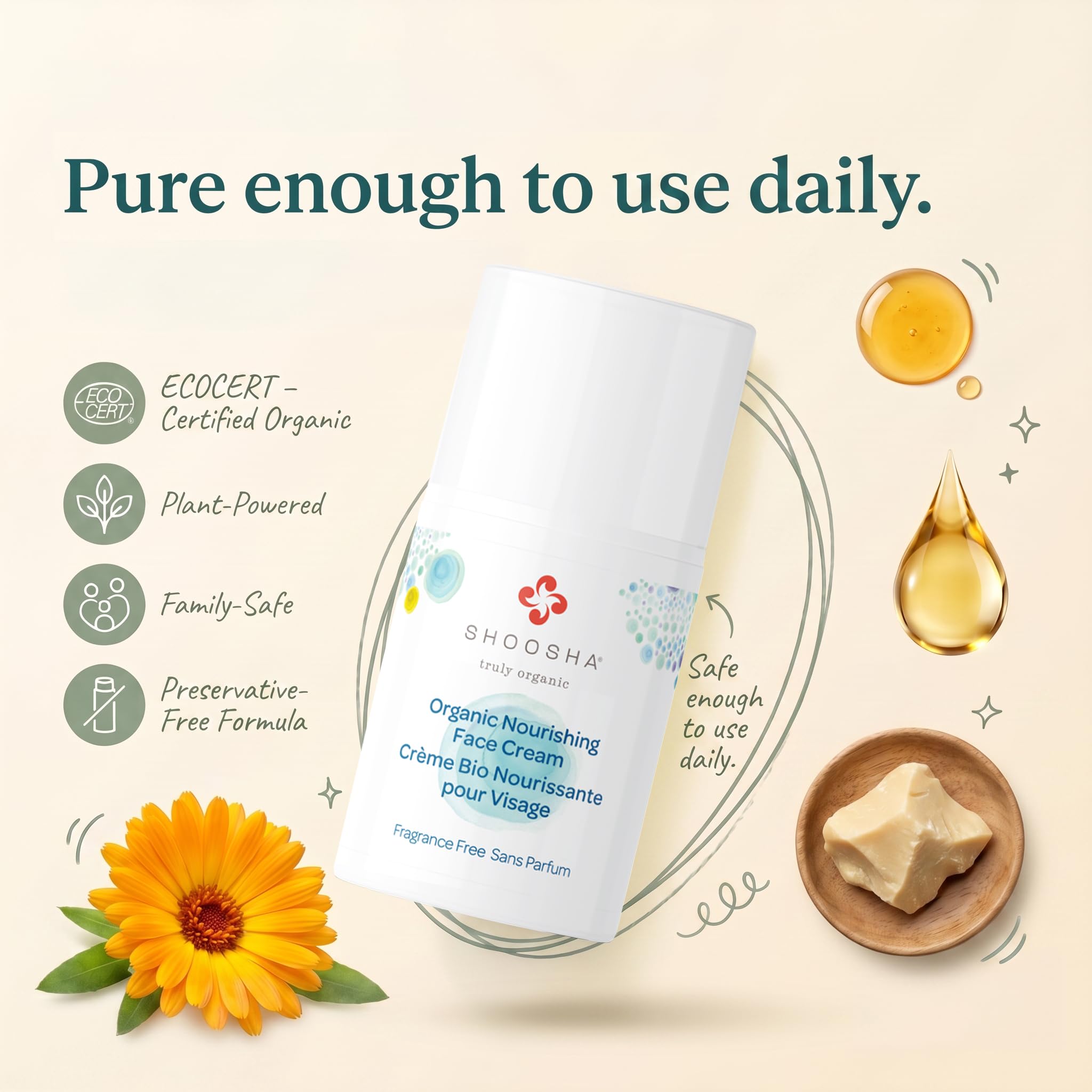 Shoosha Organic Nourishing Face Cream 50 ml - Fragrance-Free, Hypoallergenic, USDA Organic Moisturizer for Dry & Sensitive Skin