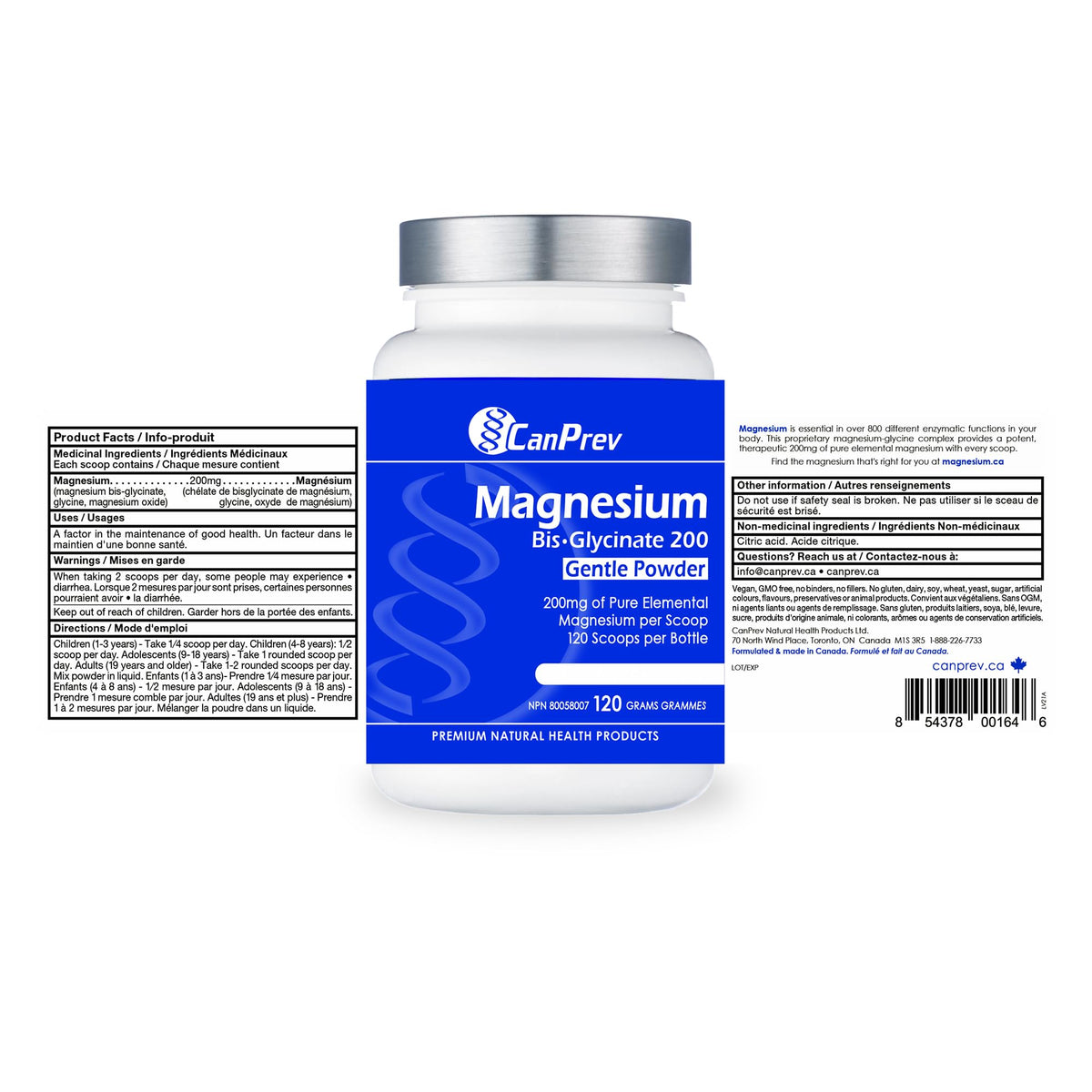 CanPrev Magnesium Bisglycinate Gentle Powder, 200mg, 120g, 120 Day Supply