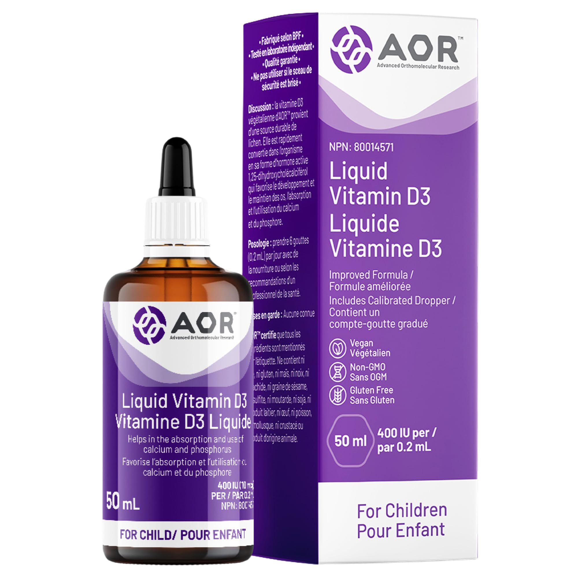 AOR Kids Vitamin D3 400 IU Drops 50 ml 250-Servings - Vegan, Non-GMO & Gluten-Free - Organic Cholecalciferol with Calcium for Children - No Preservatives or Sugar - Support for Strong Bones & Immune
