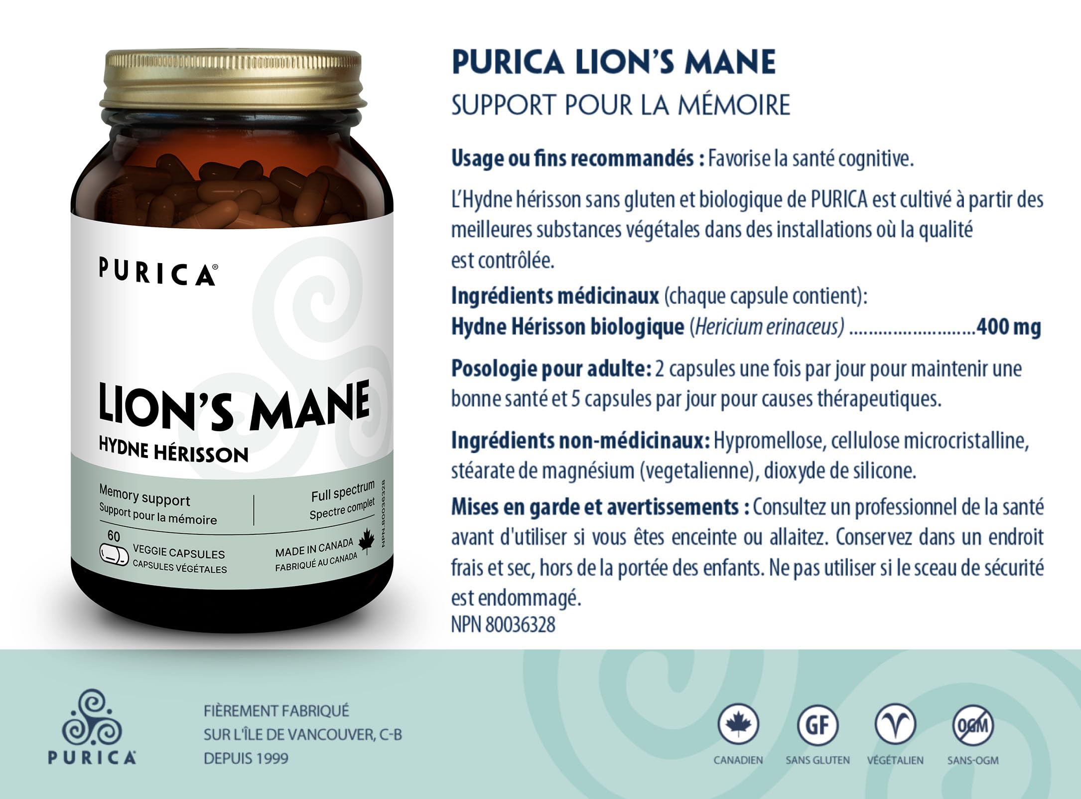 PURICA Crinière de Lion Biologique - Complément pour la Santé Cérébrale, Mémoire et Concentration, Gélules 100% Naturelles, Véganes
