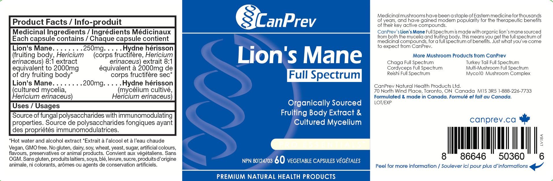 CanPrev Lion's Mane Full Spectrum Mushroom Supplement, 60 Veg Caps 2-Month Supply, Featuring Fruiting Body & Mycelium, Supports for Mental Clarity, Daily Focus & Cognitive Function, Vegan, Gluten-Free