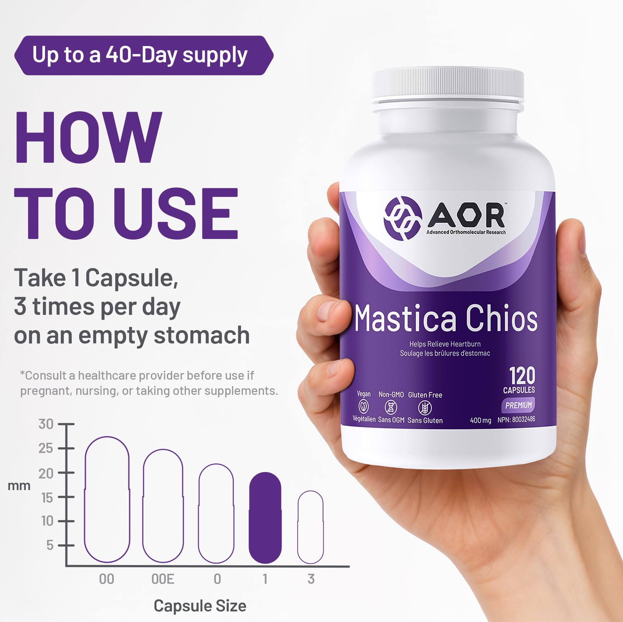 AOR Mastica Chios Gélules Végétaliennes 400 mg, 120 Comprimés, Approvisionnement de 40 Jours – Gomme de Mastic Pure de l'Arbre à Pistache Grec – Soutient le Confort Digestif – Supplément de Gomme de Mastic Chios pour l'Estomac et l'Intestin