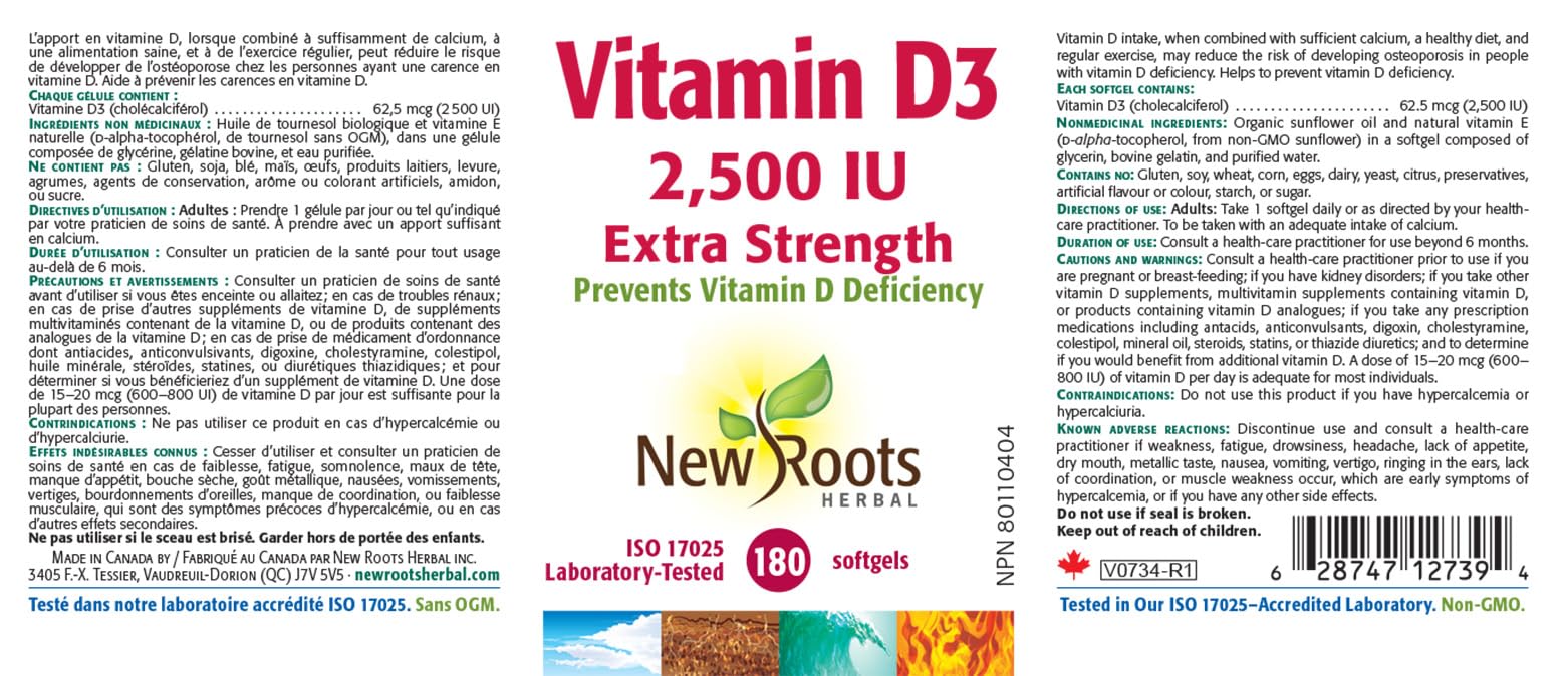 New Roots Herbal Vitamin D3 2500 IU Softgels 180 Count, 6-Month Supply for Daily Wellness, Promotes Strong Bones, Teeth & Balanced Calcium Absorption, Convenient, Easy-to-Swallow for Everyday Support